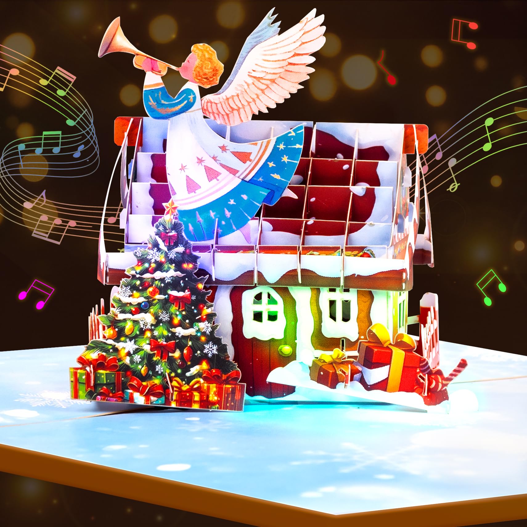 GREETING ART Pop Up Christmas Cards with Light and Music,Angel with Trumpet