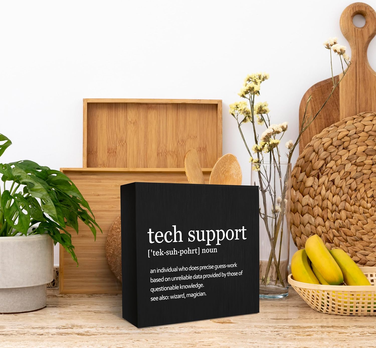 SRADMO Tech Support Office Wood Box Sign Desk Decor 6x6, Gifts For It Men, Desk Decorations Office, It Gifts Wooden Box Sign Decoration, Tech Support Table Shelf Decor (Black) Decorative Accessories image 4
