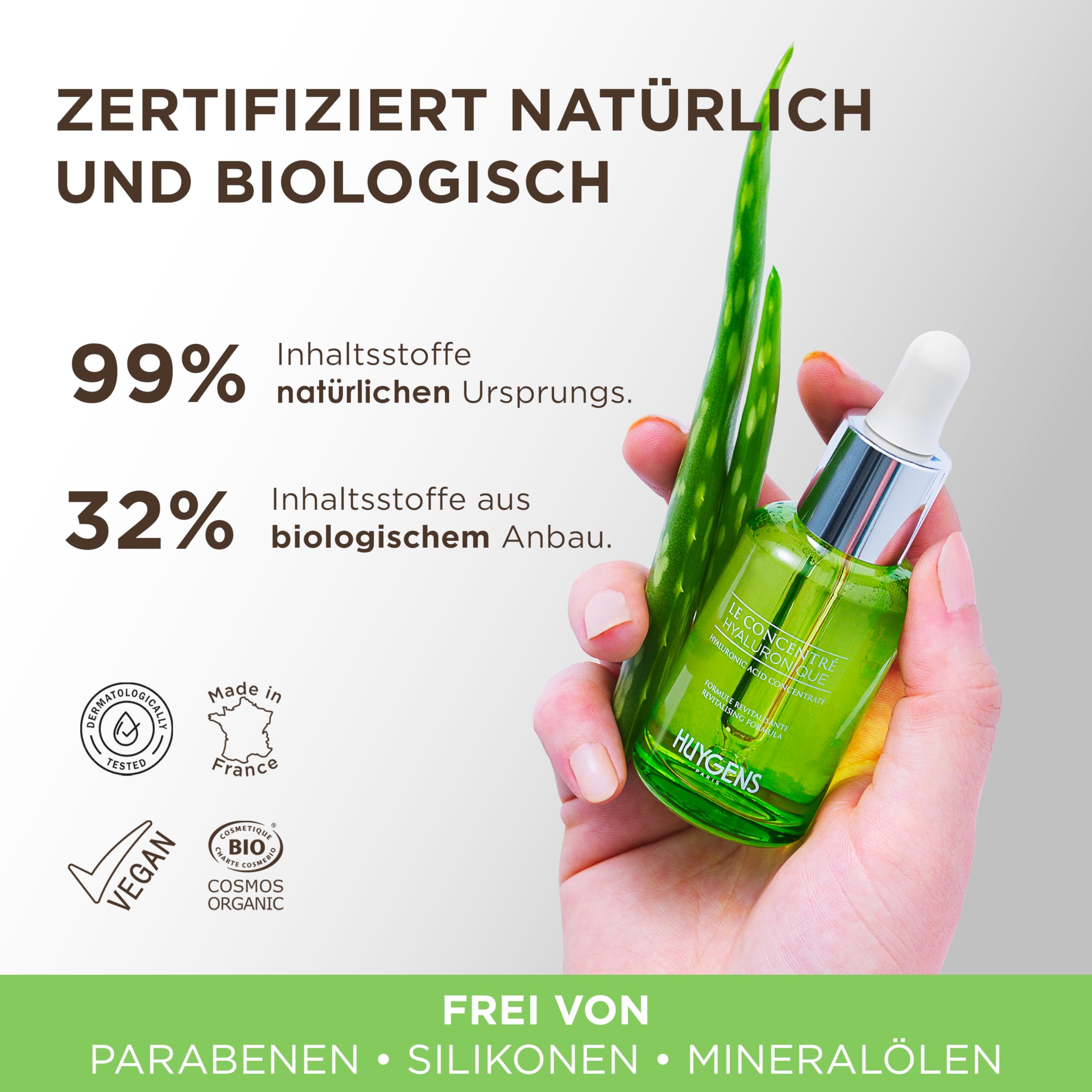 HUYGENS - Concentrado Hialurónico - Organico Certificado - 30mL - Serum de Día Revitalizante con Ácido Hialurónico - 100% Natural - Vegano - Made in France