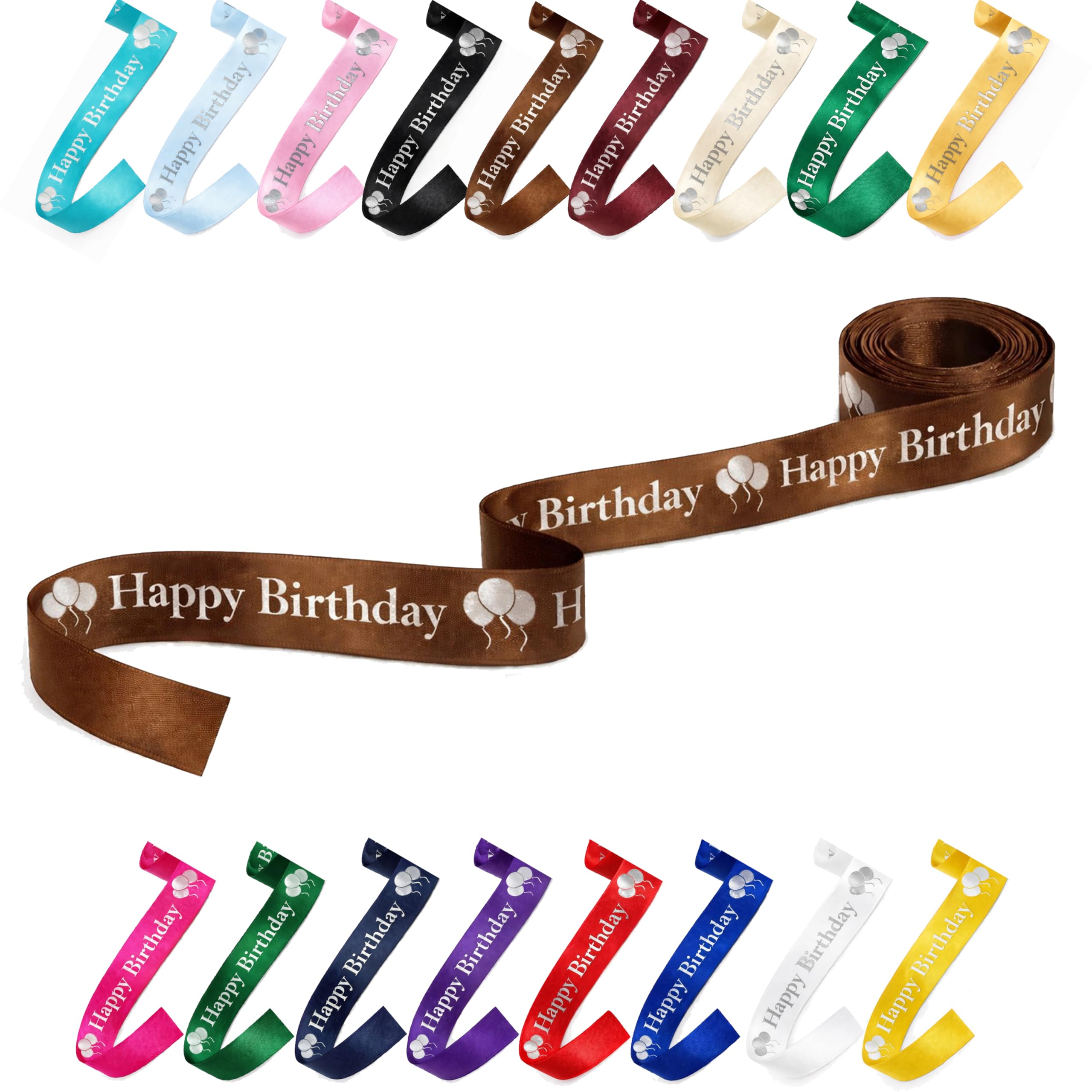 25mm (1") Wide Happy Birthday Luxury, Vibrant Satin Ribbon for Gift Wrapping, Flower Bouquet, Crafts, Balloons, Party Decoration with Metallic Silver Text & Balloon Print (Brown, 10 Metres)