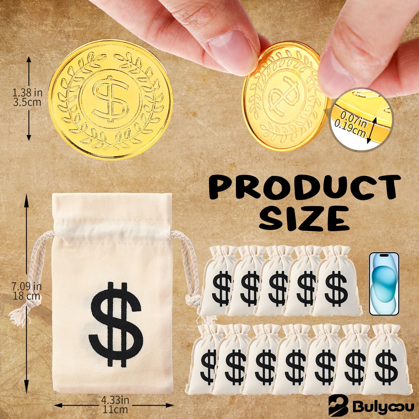 Amazon.com: Bulyoou 200 件假金幣和12 件帆布錢袋,附抽繩海盜尋寶道具錢幣金幣玩具,適合萬聖節海盜冒險派對生日裝飾: 玩具和遊戲