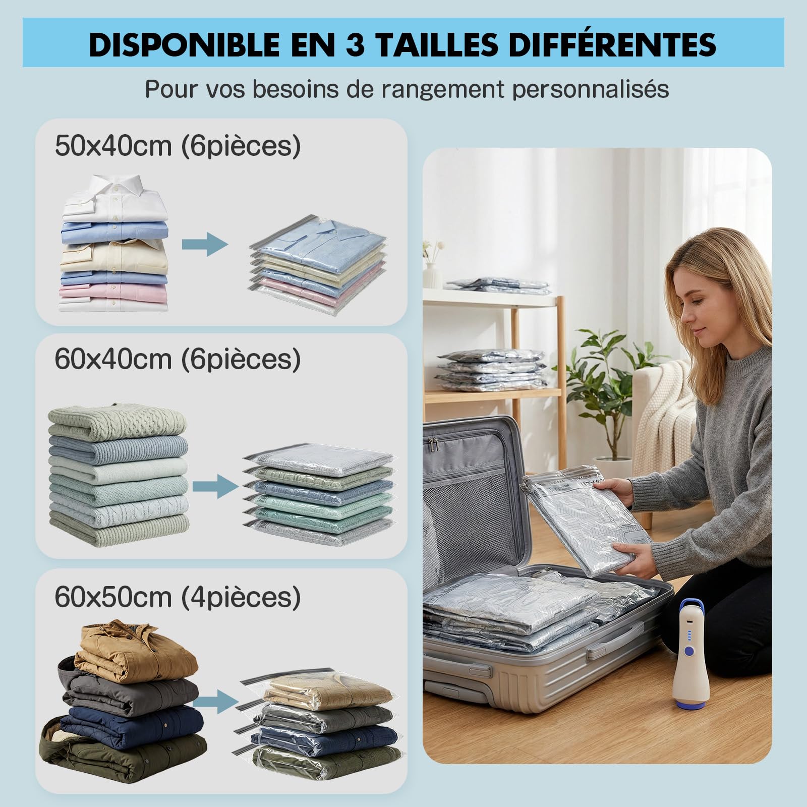 Sac Sous Vide Vetement Aspirateur avec Pompe à Vide Sans Fil, 16+2 Pièces sac sous vide Réutilisables (6x50*40cm, 6x60*40cm, 4x60*50cm, 2x30*40cm) pour Bagages et Rangement Armoire