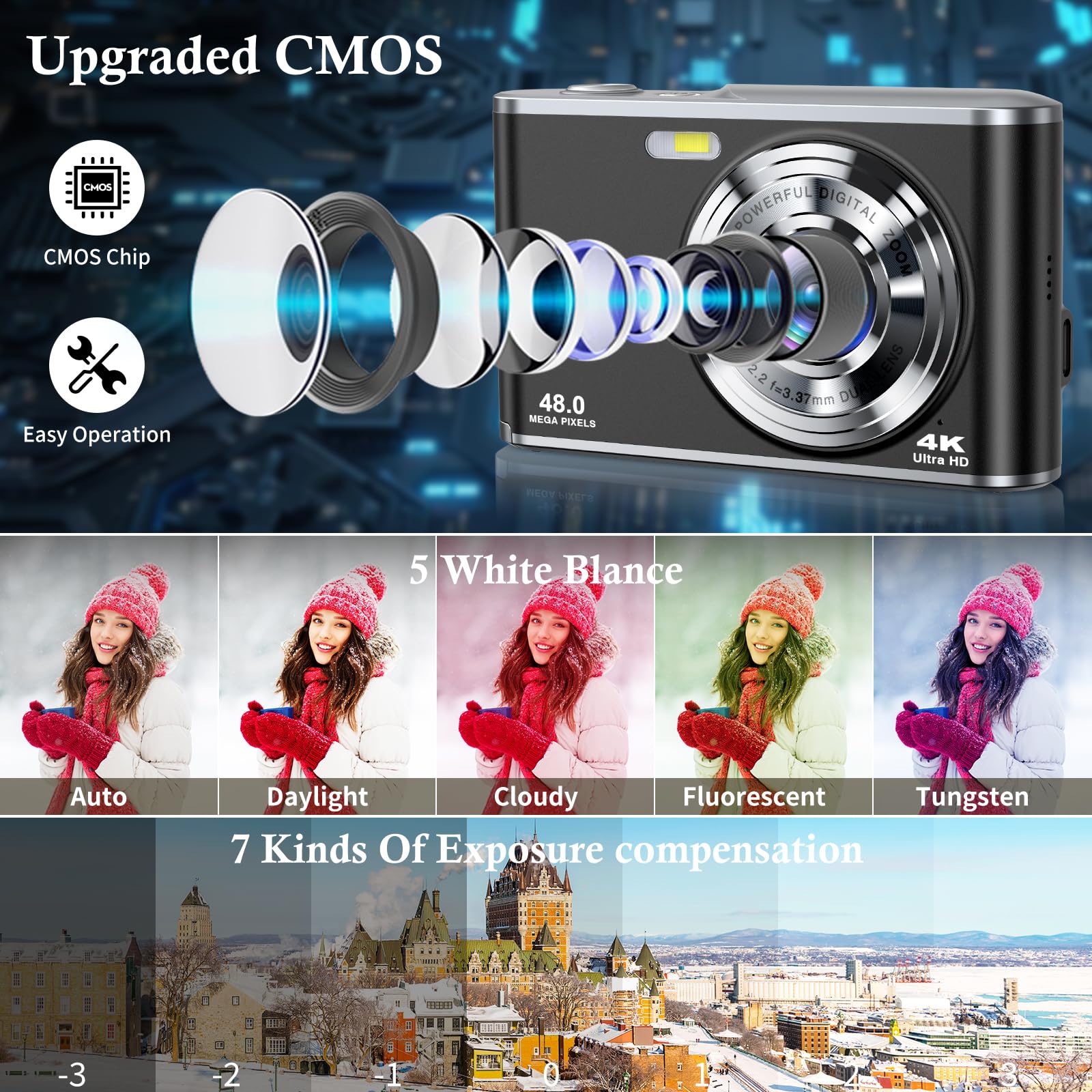 Cámara Digital 4K Ultra HD 48MP, Cámara de Fotos con Doble Lente, Zoom 16X, Tarjeta SD 32GB y 2 Baterías, Cámara Vlogging Portátil para Principiantes