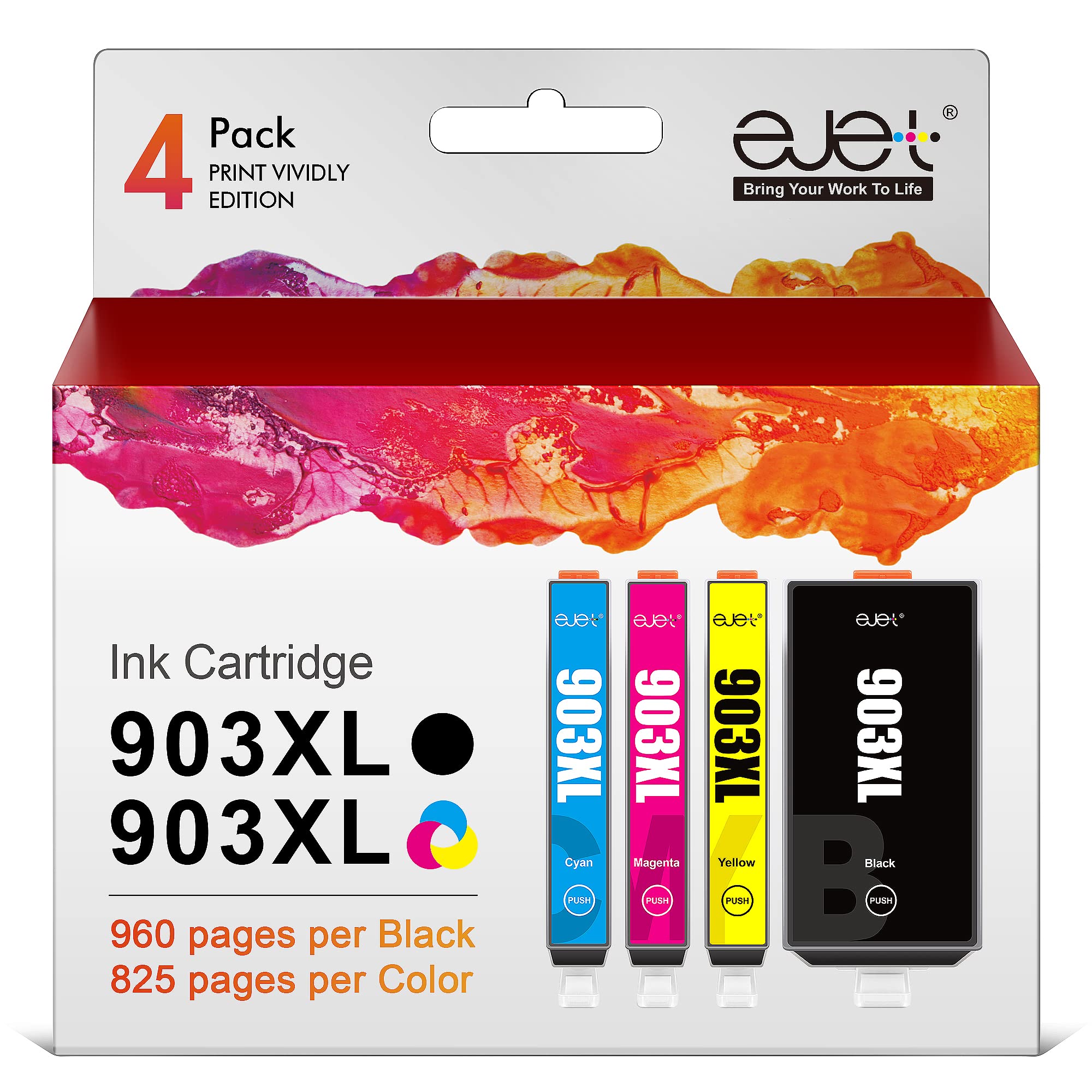 ejet 903XL 903 XL Cartouche Compatible pour HP 903XL pour HP Officejet 6950 6960 Officejet Pro 6970 6960 6974 Pack de 4 Cartouches (Noir Cyan Magenta Jaune)