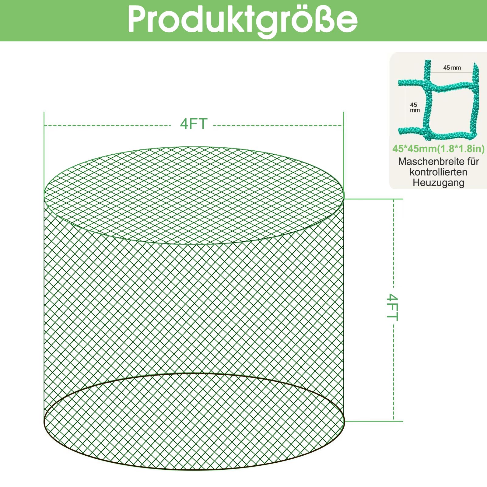 Rete da fieno per cavalli, rete da fieno per balle rotonde (larghezza maglie 4,5 x 4,5 cm, spessore corda 6 mm, verde) ad alta capacità di carico per allevamento di cavalli (ø120 x 120 cm)