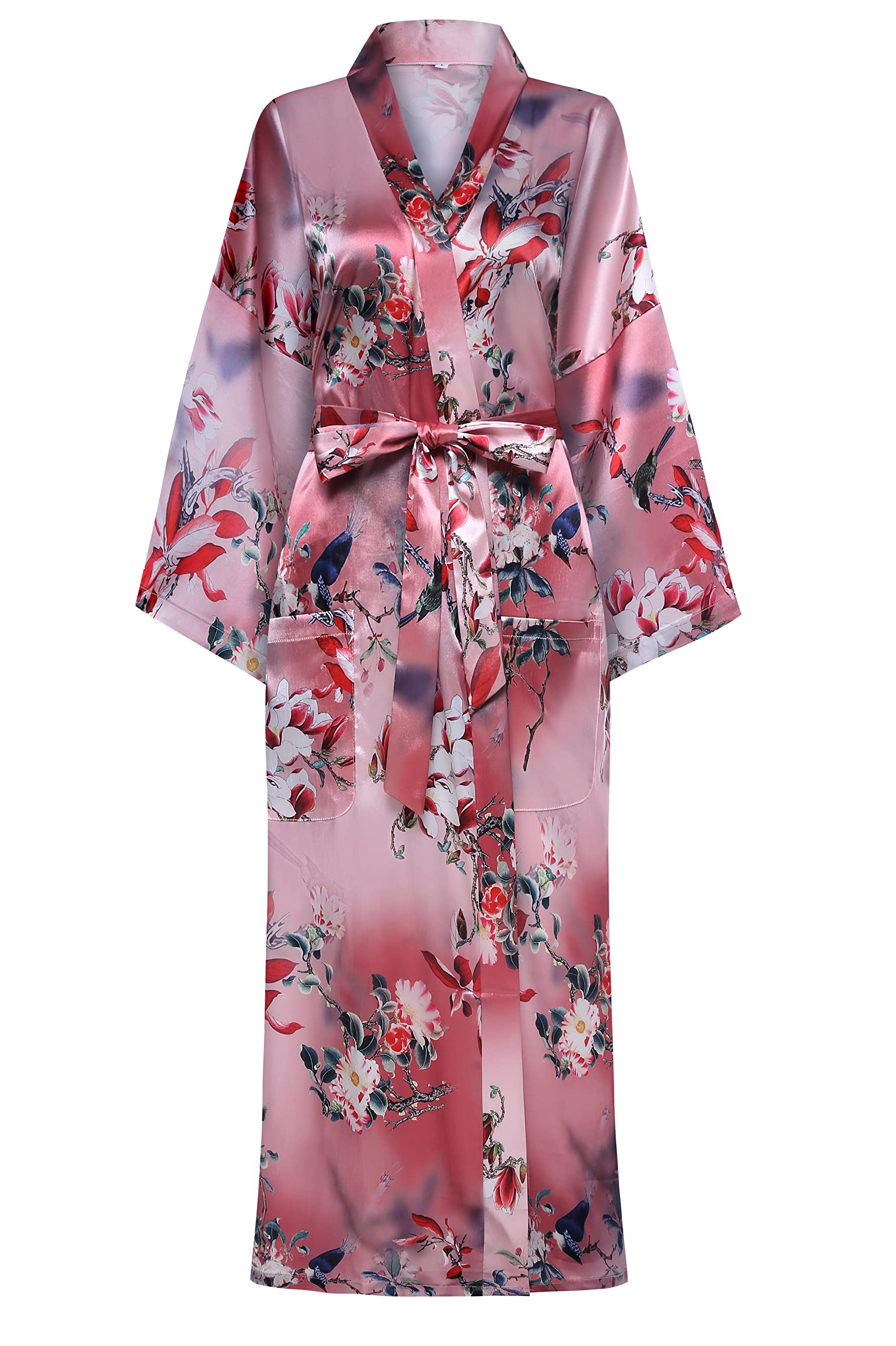 Women Long Silky Bathrobe Satin Kimono Robe Floral Printed Dressing Gown Sleepwear