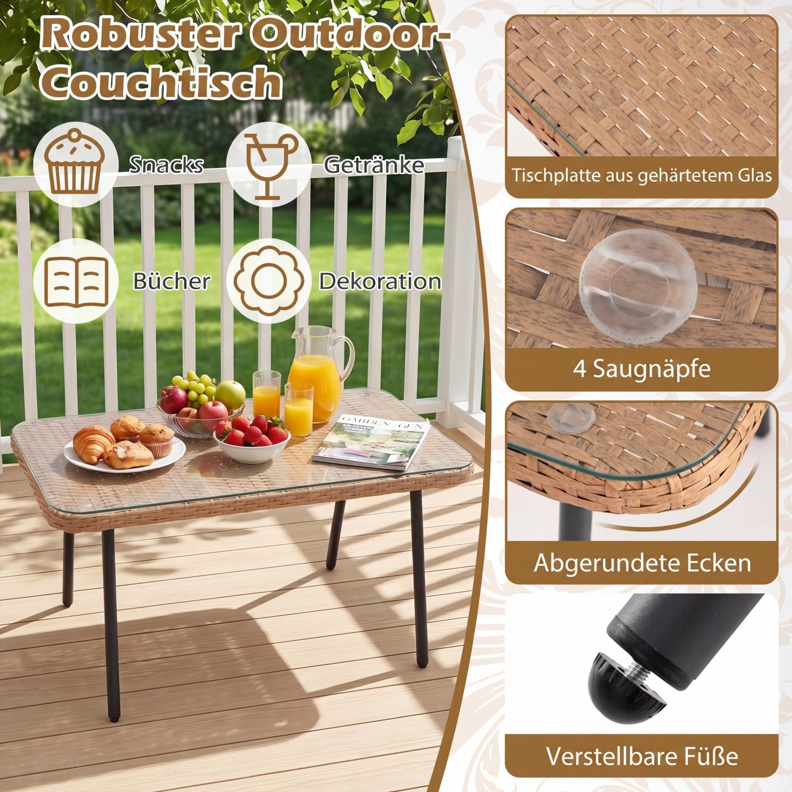 COSTWAY Lounge Möbel Outdoor, Polyrattan Gartenlounge mit Tisch und Kissen, Gartenmöbel Set, Balkonmöbel, Terrassenmöbel, Sitzgarnitur, 3-teilige Sitzgruppe für Garten, Balkon, Terrasse