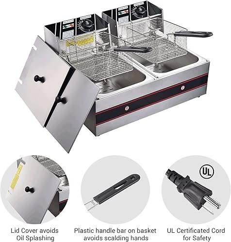 Miniatura 4 de Freidora comercial de 24 litros y 5000 W con cestas dobles de tanque de acero inoxidable, protección contra sobrecalentamiento, freidora eléctrica