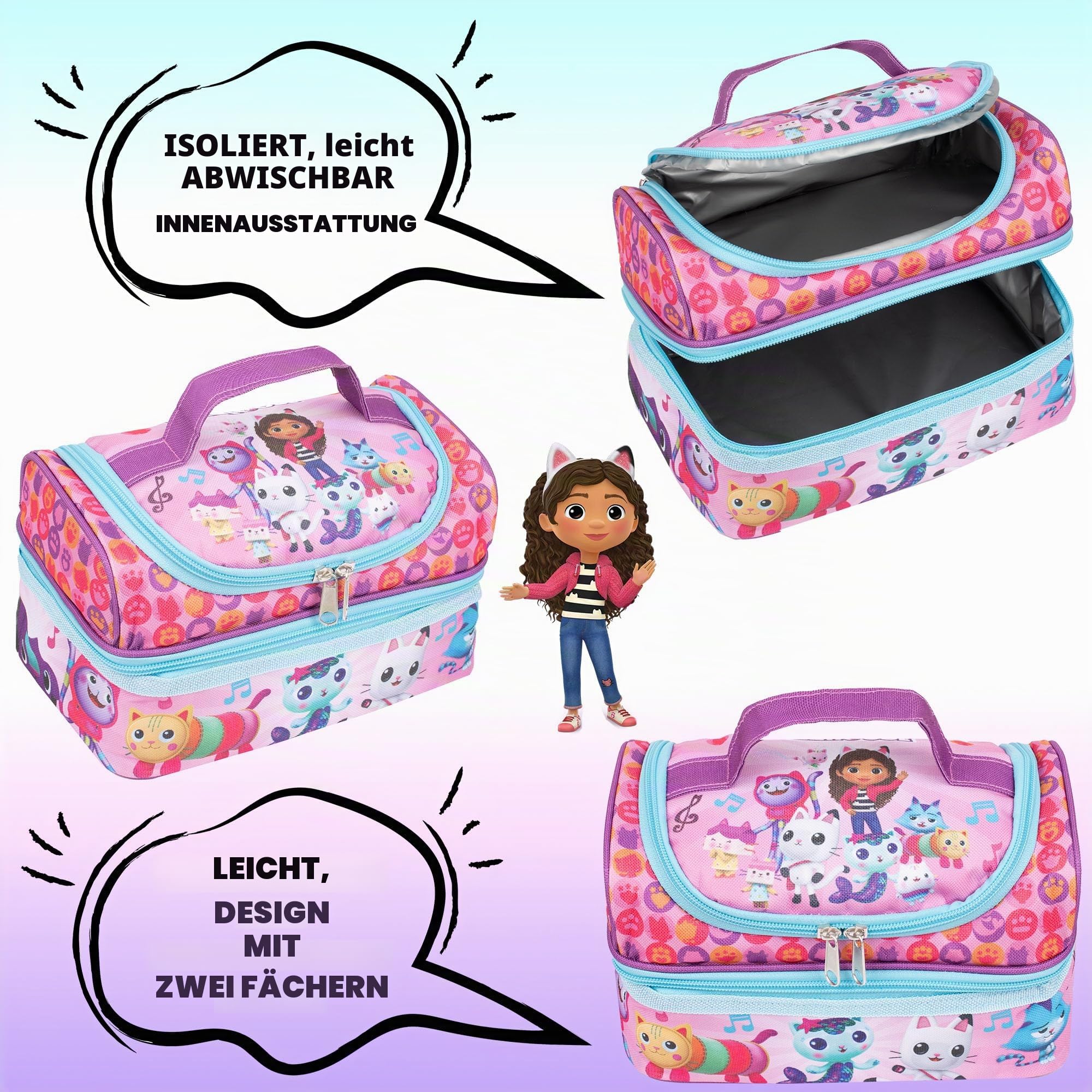 Gabby's Dollhouse – Lunchtasche für Kinder – Snack-Tasche mit mehreren Fächern für Mädchen Schule – isoliert & große Kapazität – Rosa