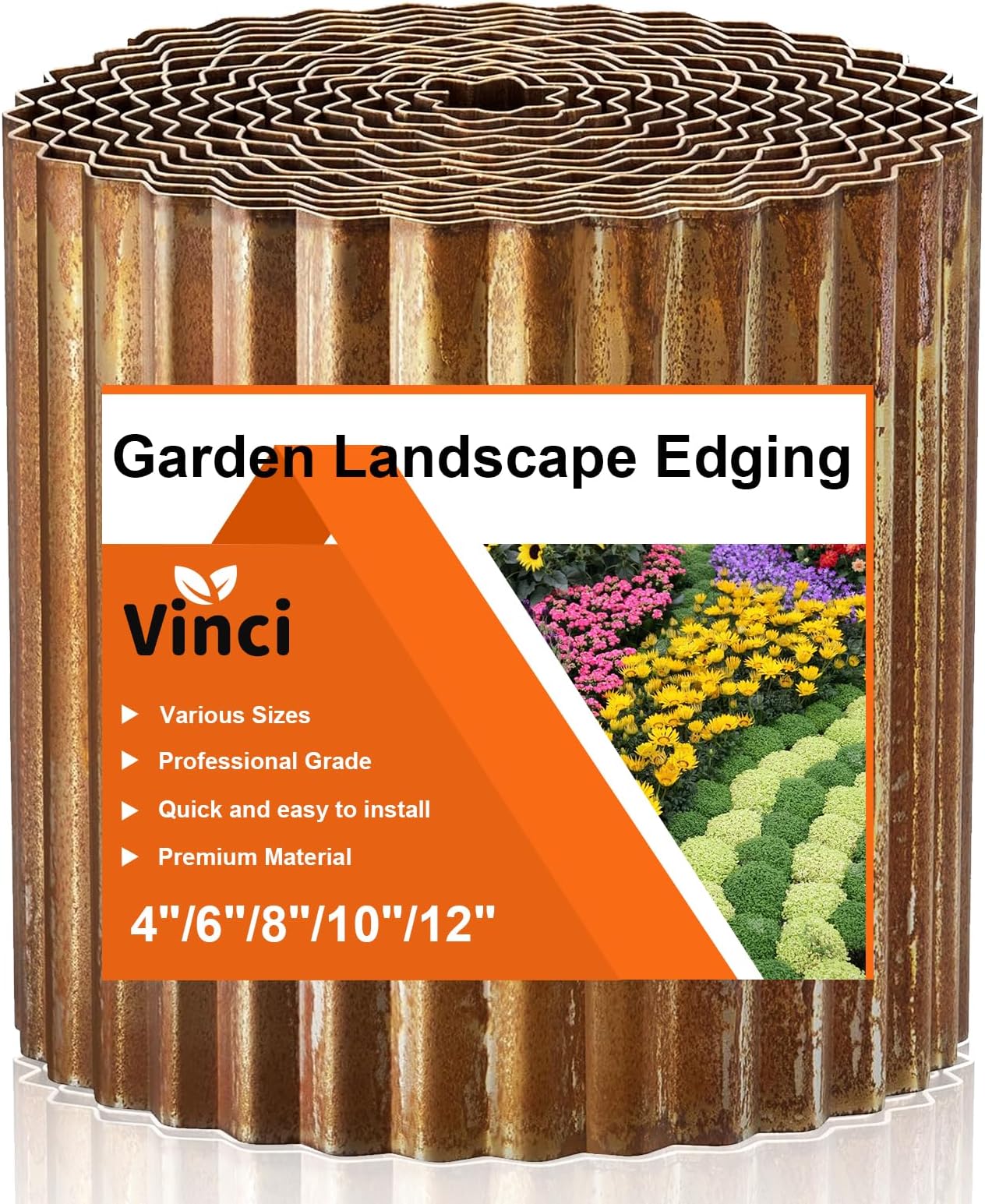 Vinci Garden Landscape Edging Border, 6 Inch x 40 FT Corrugated Sturdy Metal Easy Installation Safe Hemmed Lawn Garden Border Edges for DIY Flower Beds,Pathways and Patio Design (Rusted)