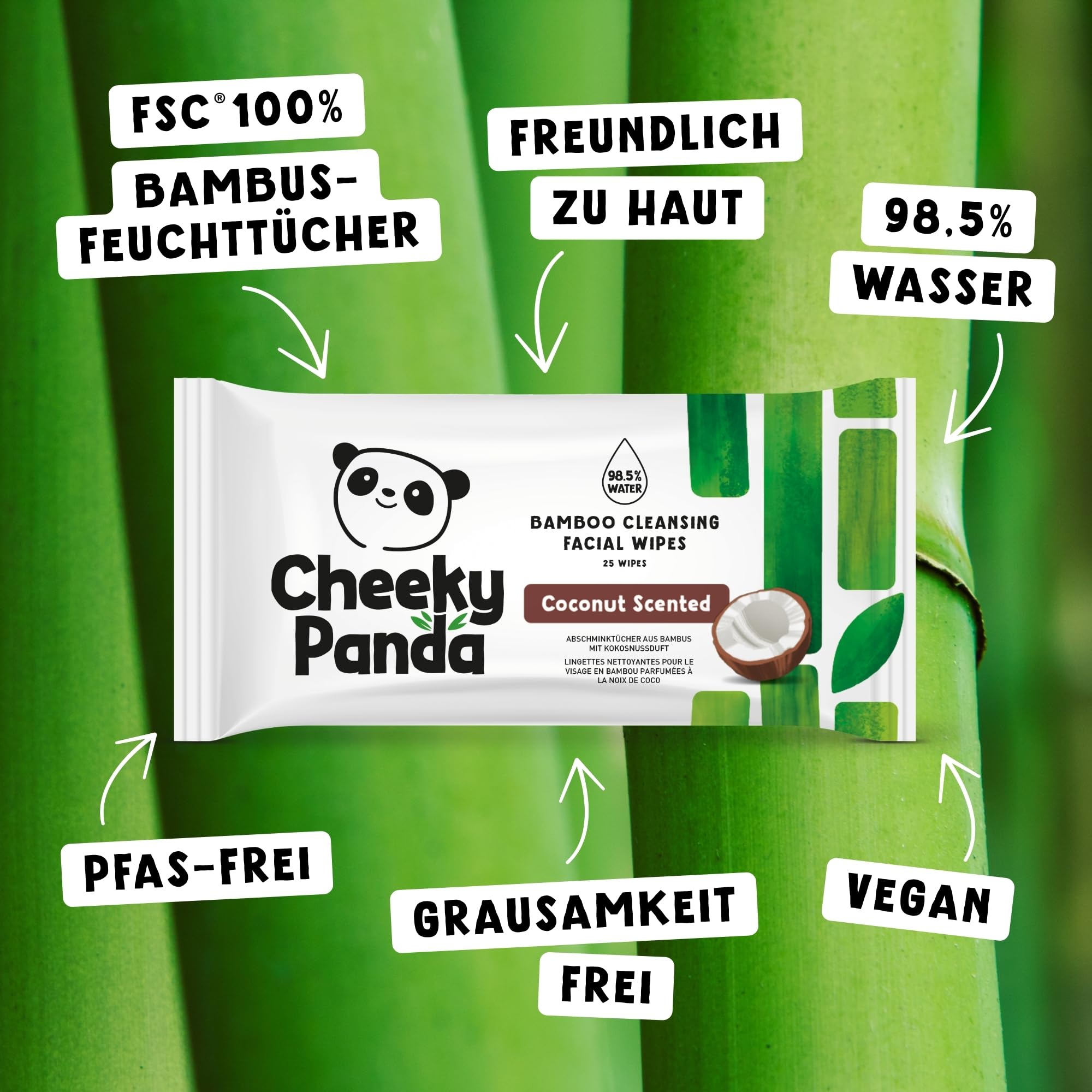 The Cheeky Panda Bambus-Gesichtsreinigungstücher, Kokosnussduft, 24 Stück