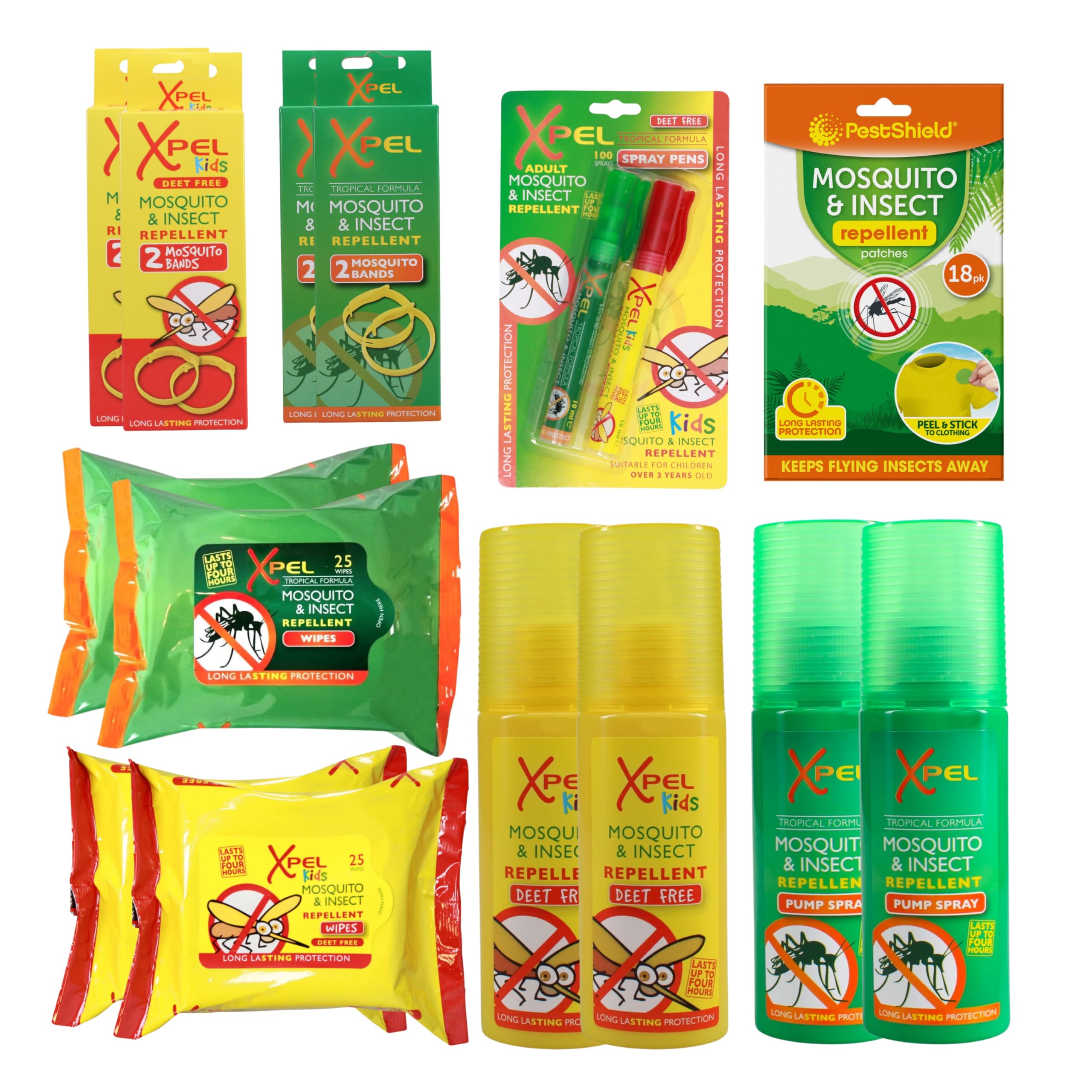 Family Mosquito & Insect Repellent Bundle - with Xpel Adult Tropical Formula and Kids Deet-Free Repellent Spray, Bracelet, Wipes, and Mosquito Patches