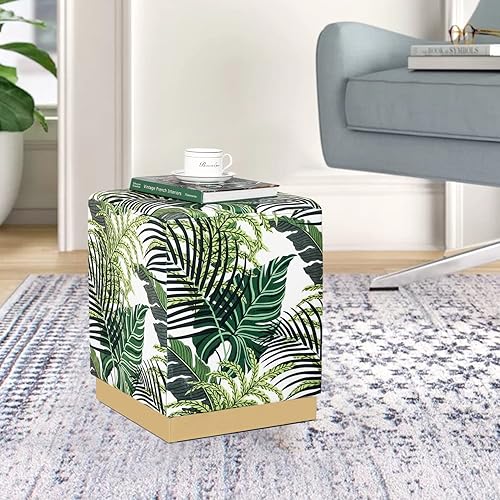 Miniatura 14 de Homebeez Taburete otomano redondo de terciopelo rosa de 13.7 pulgadas de ancho con ribete dorado, taburete acolchado suave y compacto, diseño