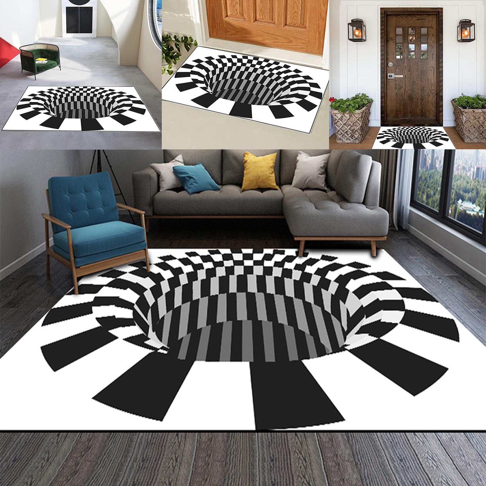 TBATM Black White Plaid Square Rugs 3D Visual Optical Floor Mat,Home Skid-Resistant Soft and Comfy Carpet,for Bedroom Livingroom Kitchen Restaurant Home Decor,16x24in