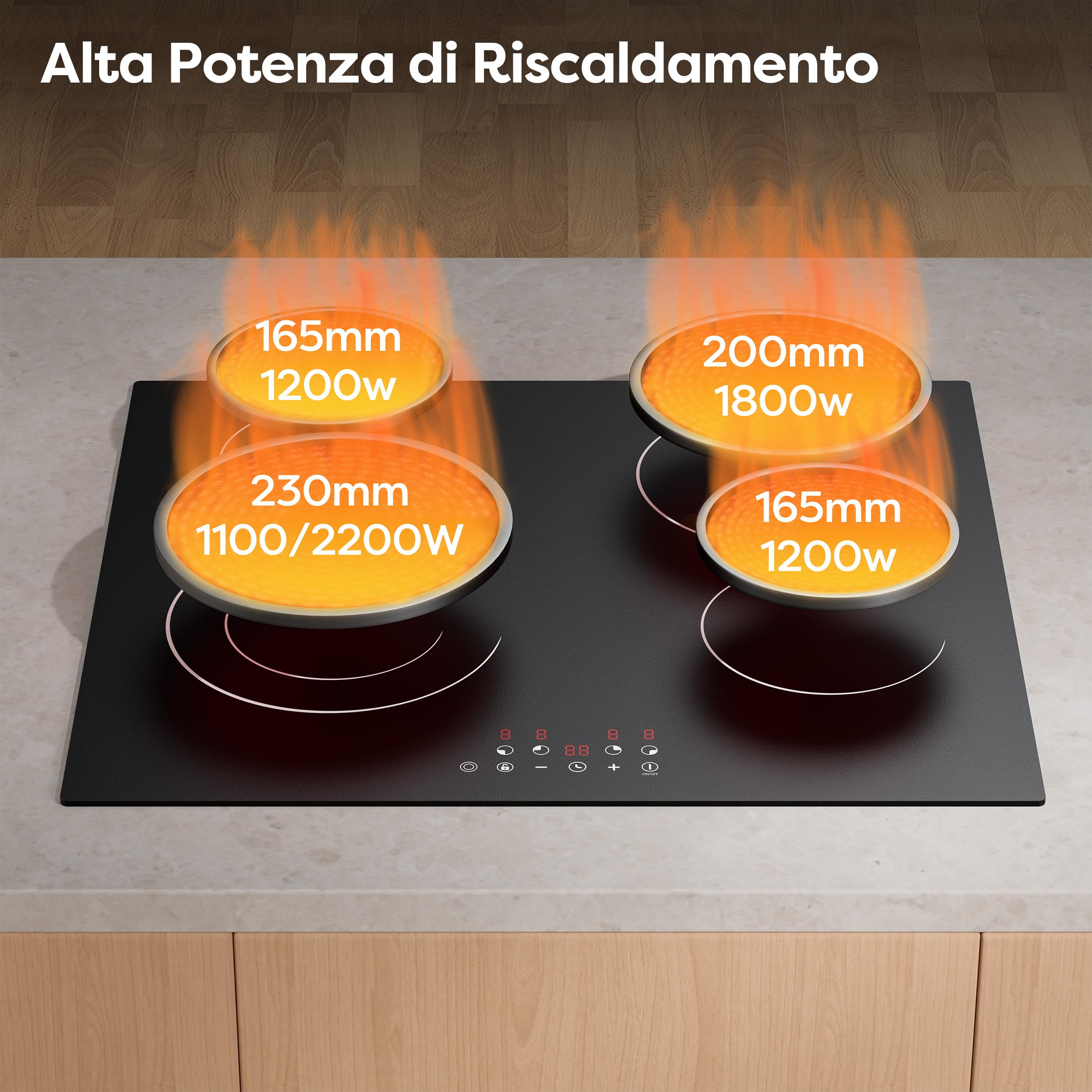 CDV Piano Cottura Vetroceramica 4 Fuochi 6400 W Doppia Zona | Piano 60 cm da Incasso con Doppia Zona, 9 Livelli, Timer 99 Min, Blocco Bambini e Spegnimento Automatico