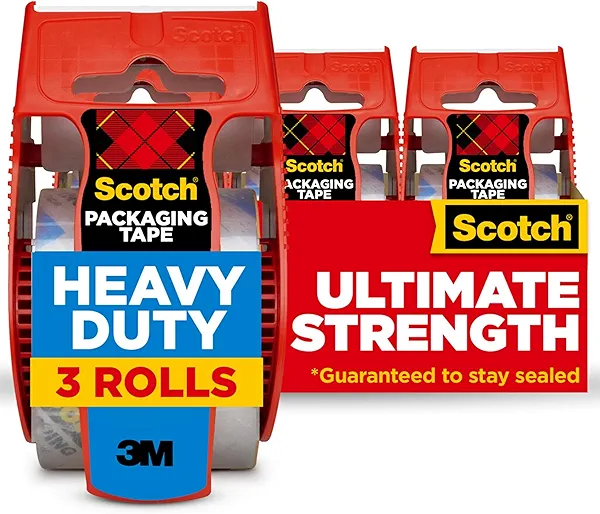 Scotch Heavy Duty Packaging Tape, 1.88 x 22.2 yd, Designed for Packing, Shipping and Mailing, Strong Seal on All Box Types, 1.5" Core, Clear, 3 Rolls with Dispenser (142-3)