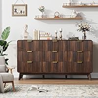Vista 5 de QUW Cómoda moderna acanalada de 59.1 pulgadas de ancho para dormitorio con 9 cajones, cómoda alta con mango de metal, soporte de TV de madera