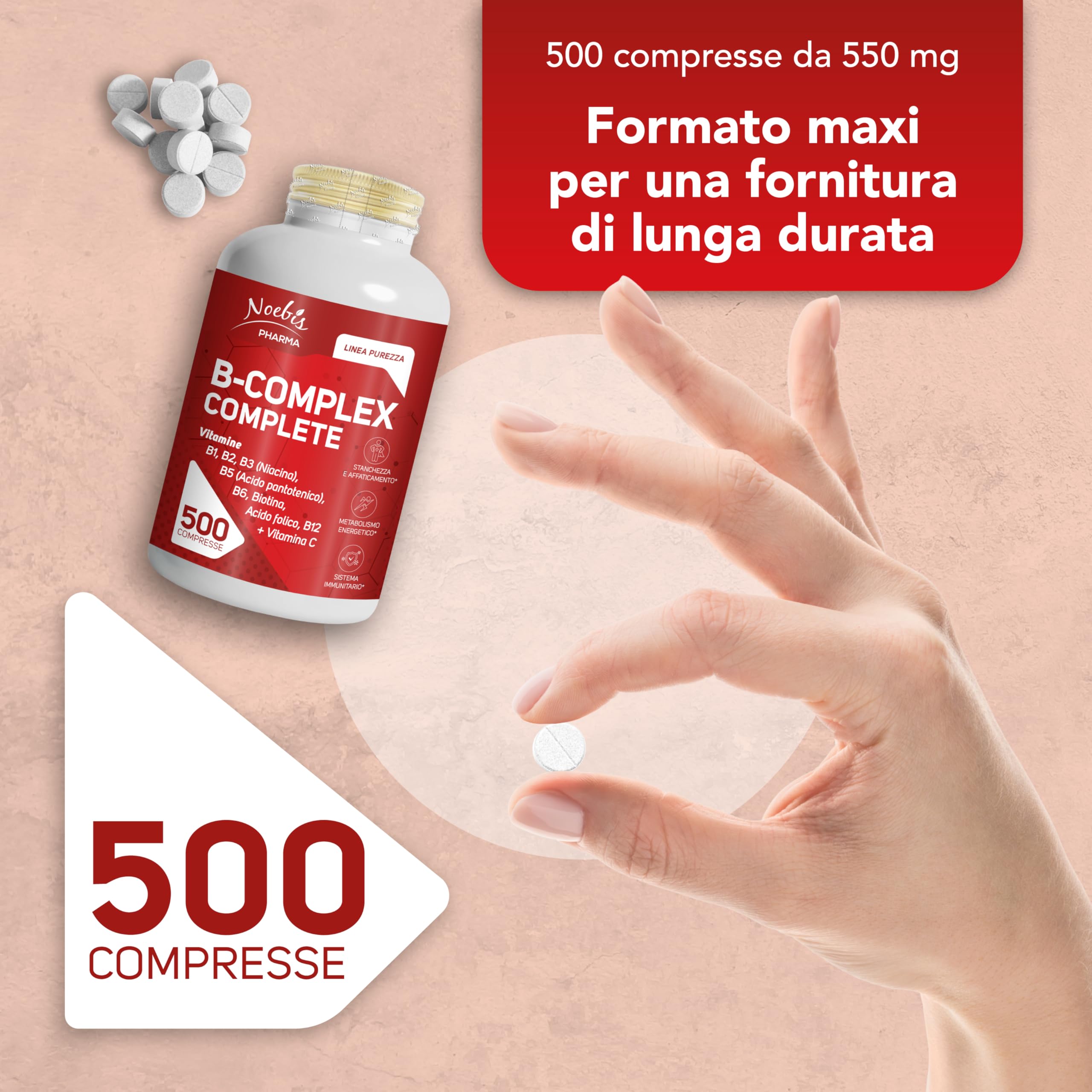 Vitamina B Complex Noebis Pharma con Vitamina C - B1 B2 B3 B5 B6 Biotina Acido Folico B12-500 Compresse Maxi Scorta (Confezione da 4)