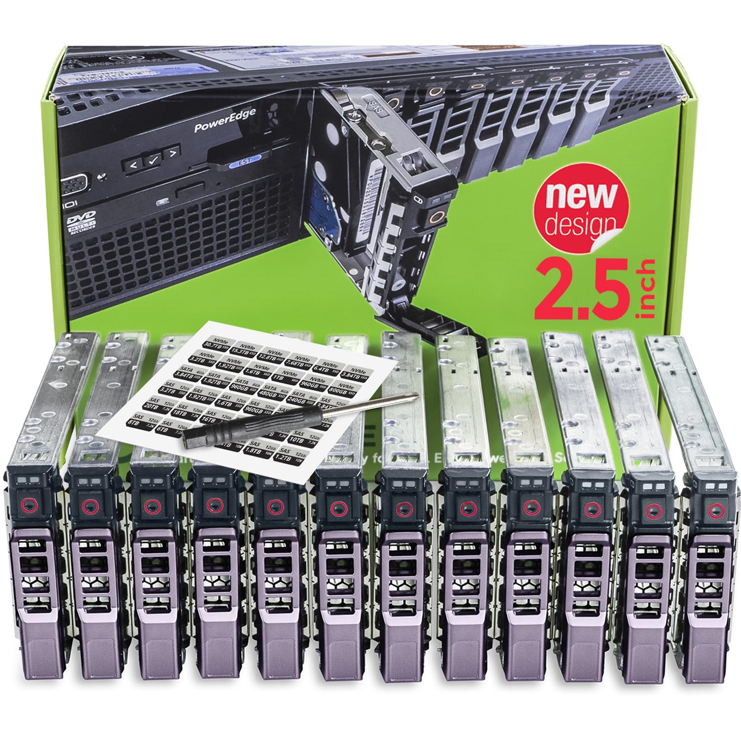 12-Pack 2.5" Drive Caddy - G176J Compatible for Dell PowerEdge Servers T440 T640 R430 T430 R630 T630 R730xd R830 R930 T620 R720 R820 - Sled Sticker Labels - Manual - Additional Tray Screws