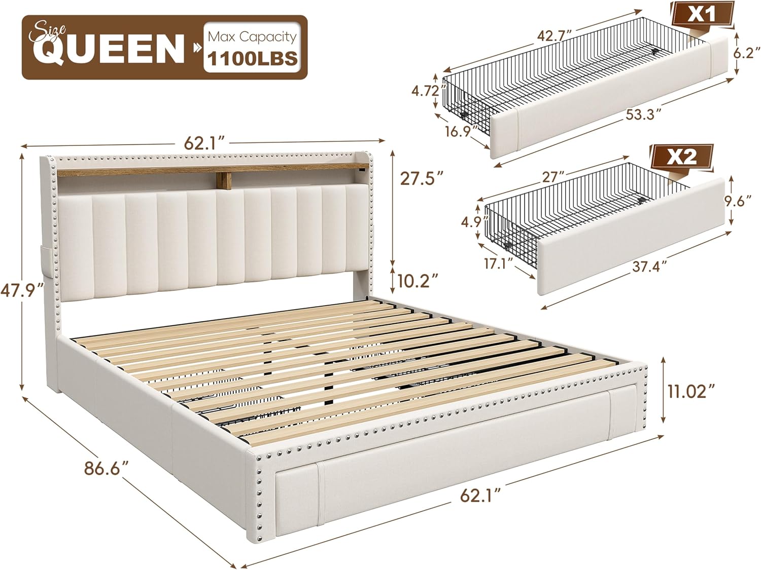 EnHomee Queen Size Bed Frame with 3 Storage Drawers, Upholstered Bed Frame with 2-Tier Headboard Shelves, 1100LBS Heavy Duty, No Box Spring Needed, Easy Assembly, Beige