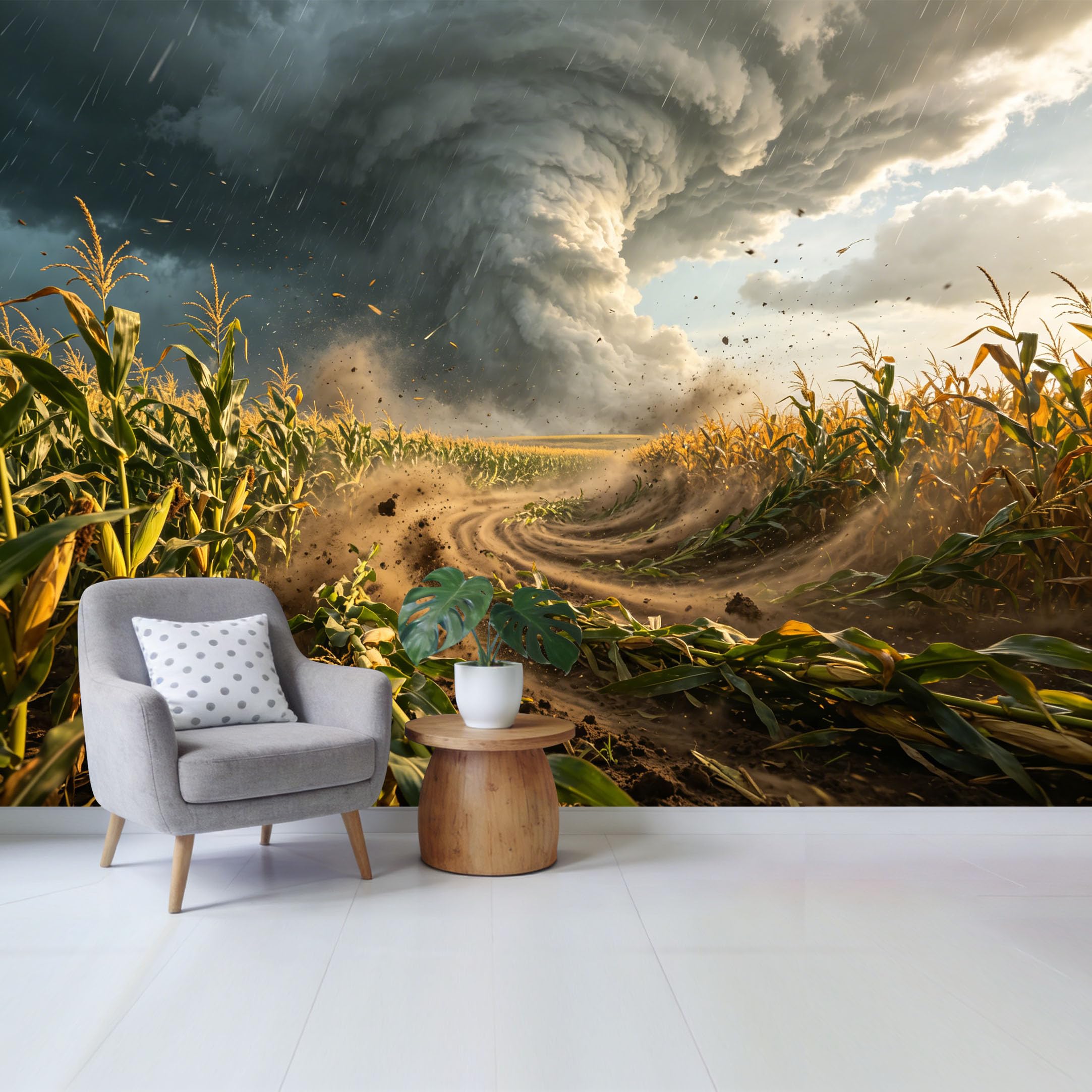 Custom Size Wall Mural Dramatic Tornado Over Cornfield Landscape 3D Effect Removable Self Adhesive Fabric，Home Wall Decor for Living Room Bedroom Bathroom
