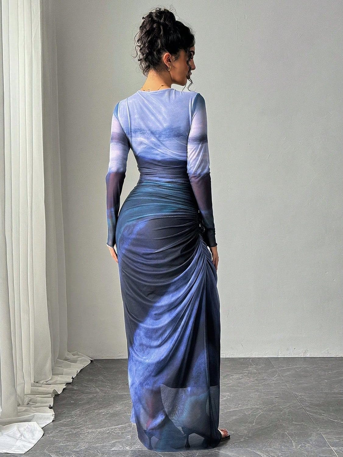 LIGHT DOT Women's Printed Bodycon Maxi Dress Long Sleeve Tie Dye Mesh Ruched Cocktail Dress - Image 4