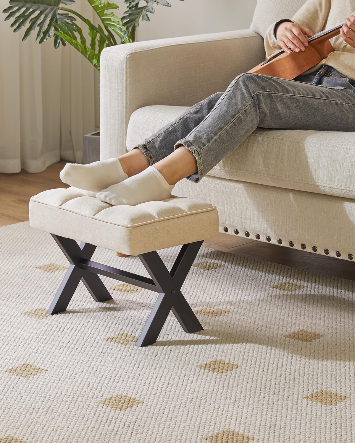 Vierkante stoel - Voetenbank met metalen frame - corduroy - beige - voor woonkamer Vierkante stoel - Voetenbank met metalen frame - corduroy - beige - voor woonkamer