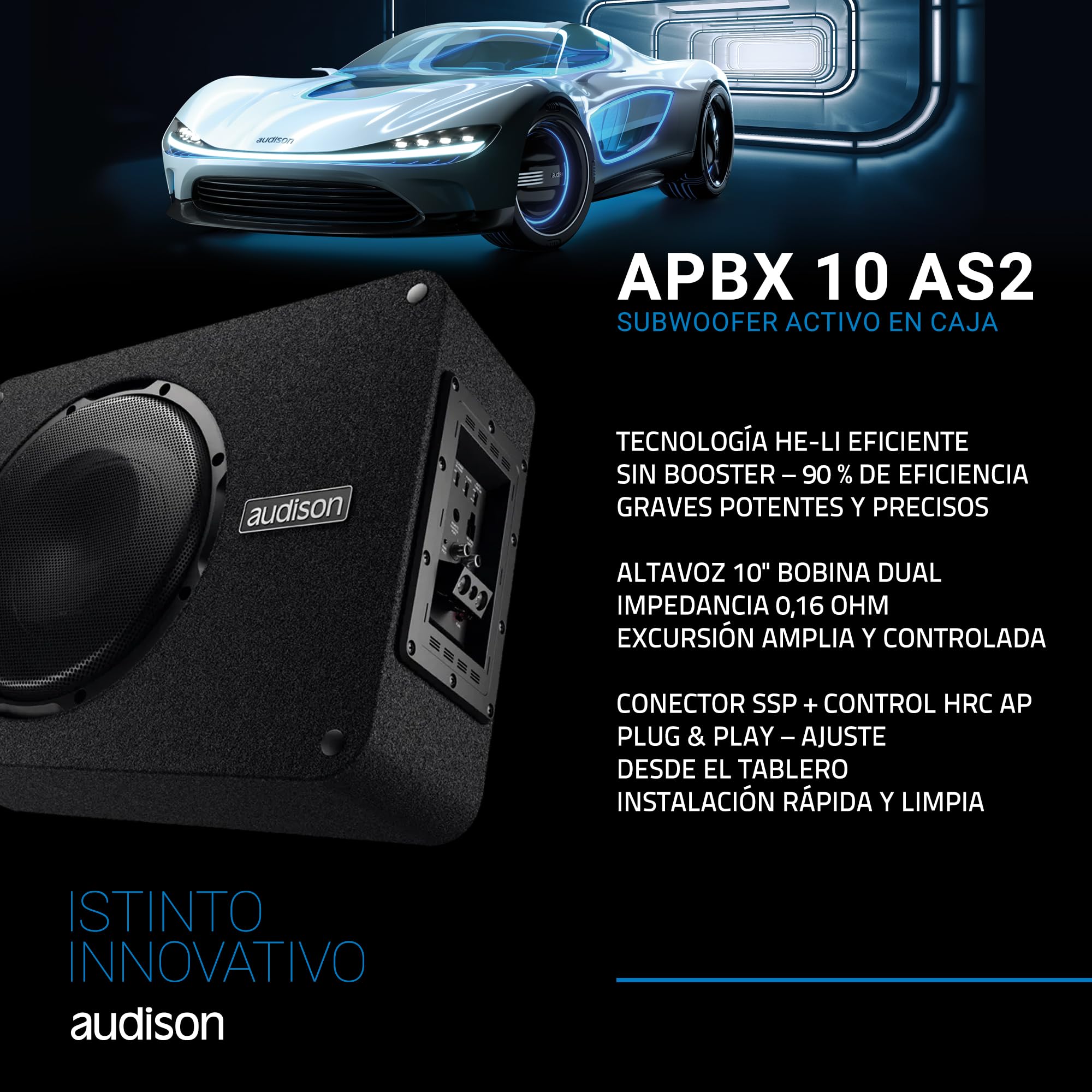 Audison APBX 10 AS2 Subwoofer Activo con Driver De 250 Mm, Amplificador 400 W RMS, Tecnología He-Li, Diseño 2S² Down-Firing/Up-Firing, Control Remoto, Negro