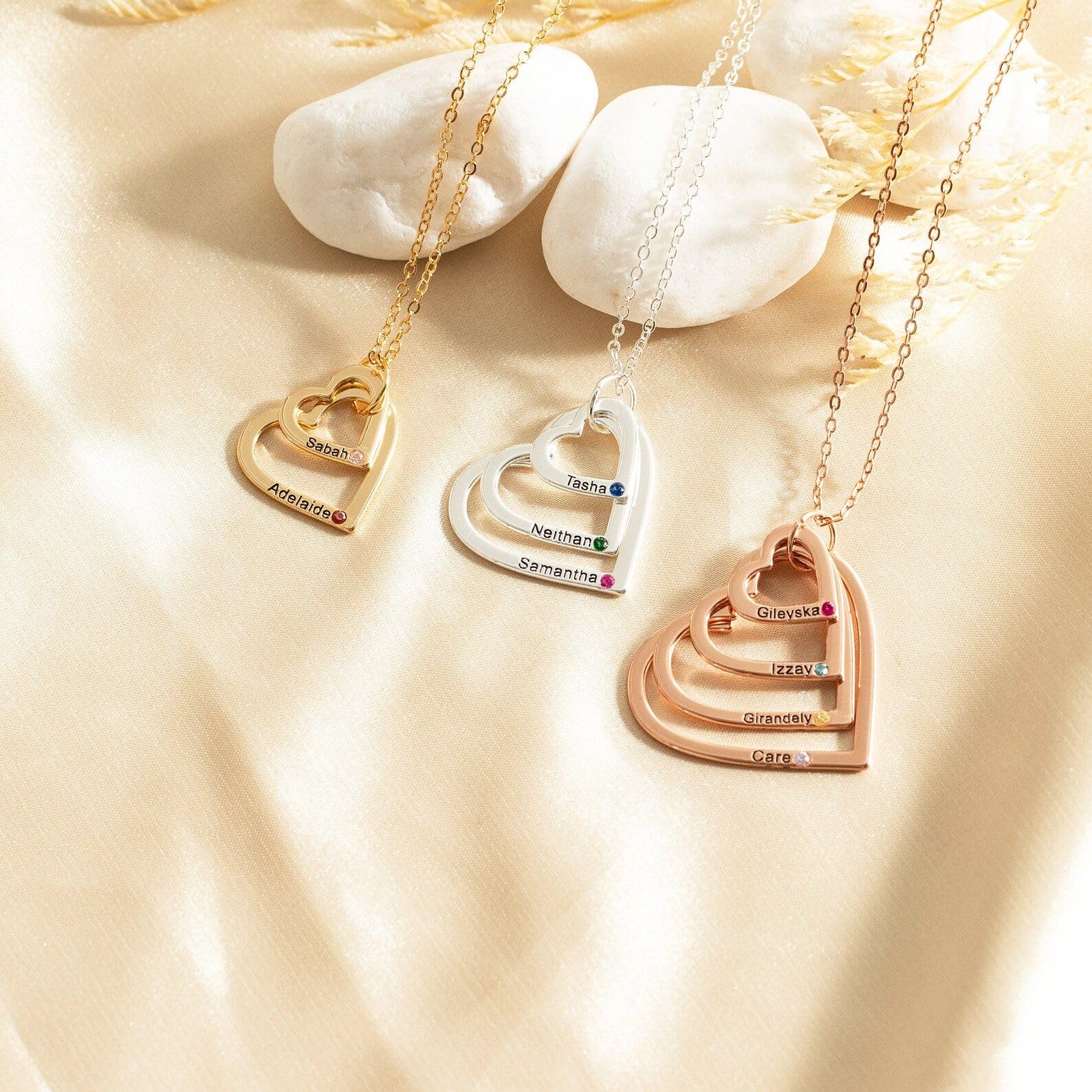 Personalizzato multiplo collana con nome, su misura famiglia nome cuore collana, pietra portafortuna cuore per mamma, Natale giorno per nonna