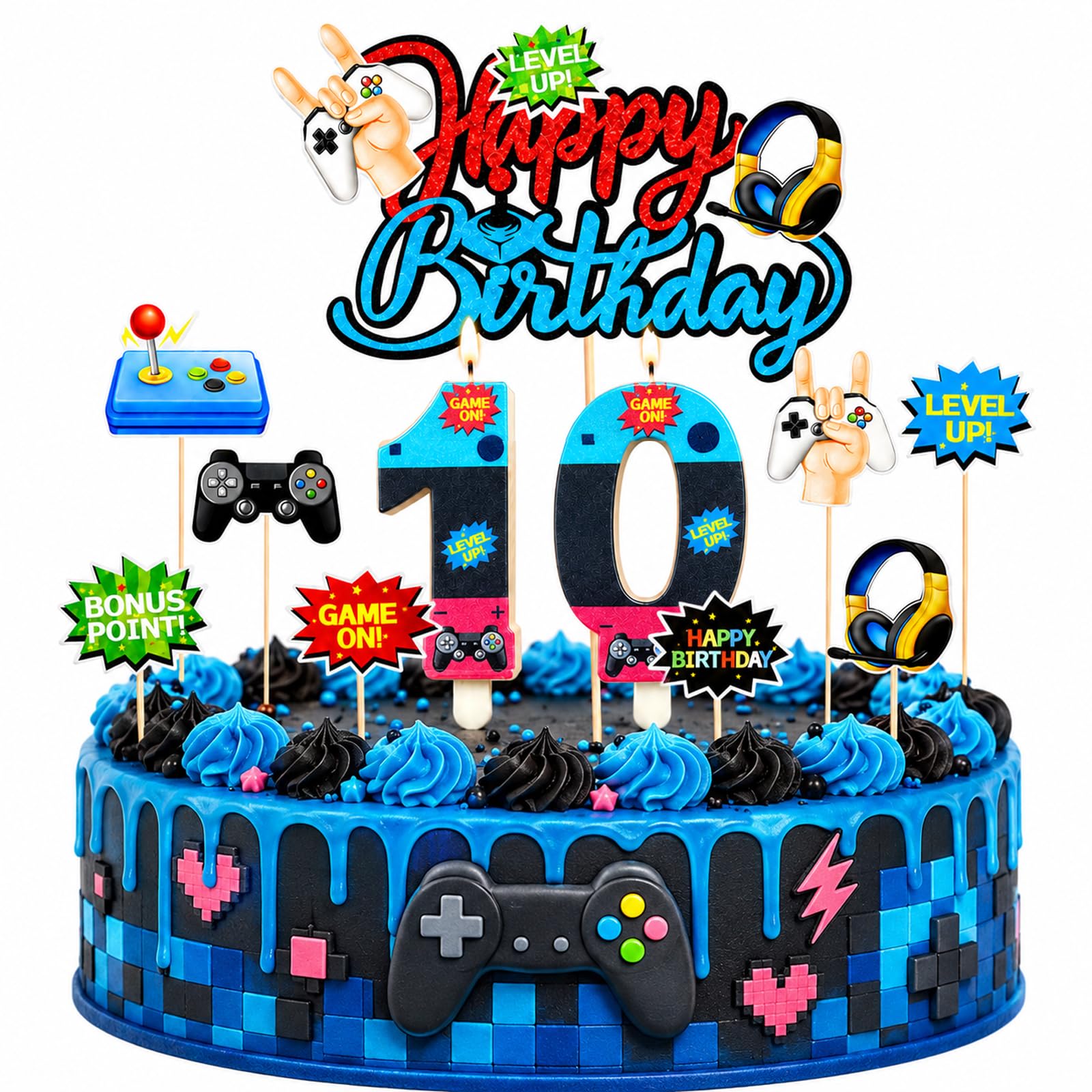 Bolosa 11Pcs Gaming 10th Birthday Candles and Cake Topper Set, Number 10 Birthday Candles with Video Game Cake Toppers, Gamer 10th Birthday Decorations for Boys, Kids 10th Birthday Video Game Party
