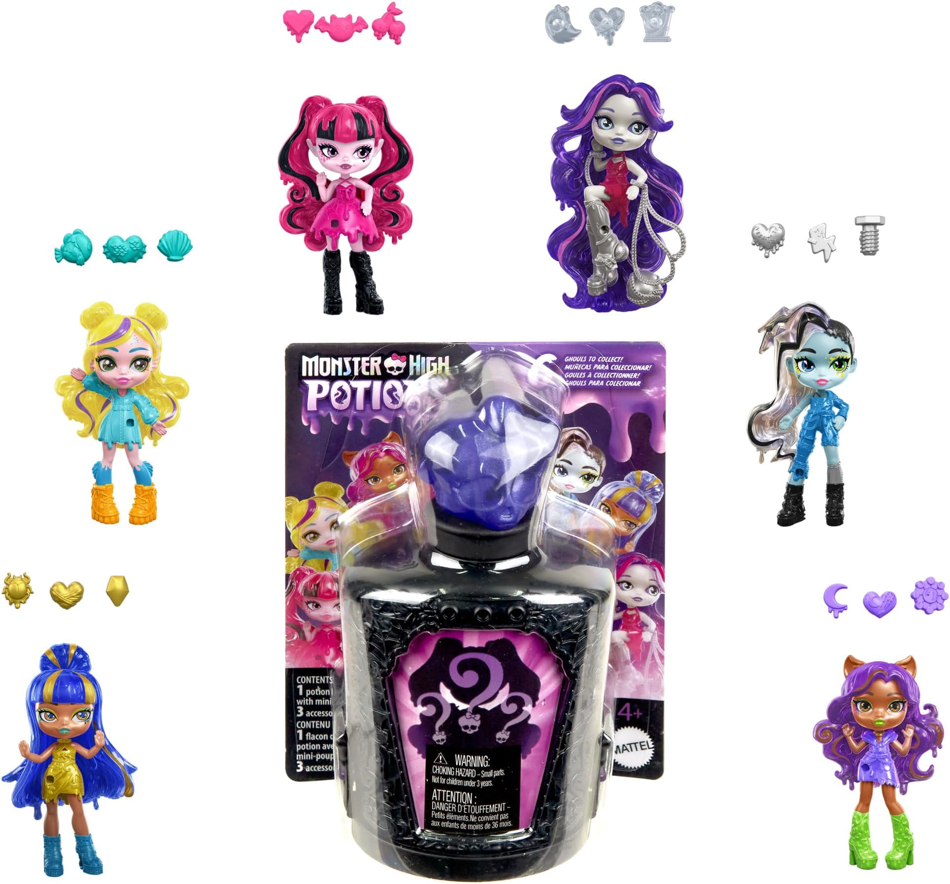 Potions Mini Dolls and Accessories, Surprise 3-inch Character Figures in Display Bottle with Water Reveal & Charms (Characters May Vary), HYB10