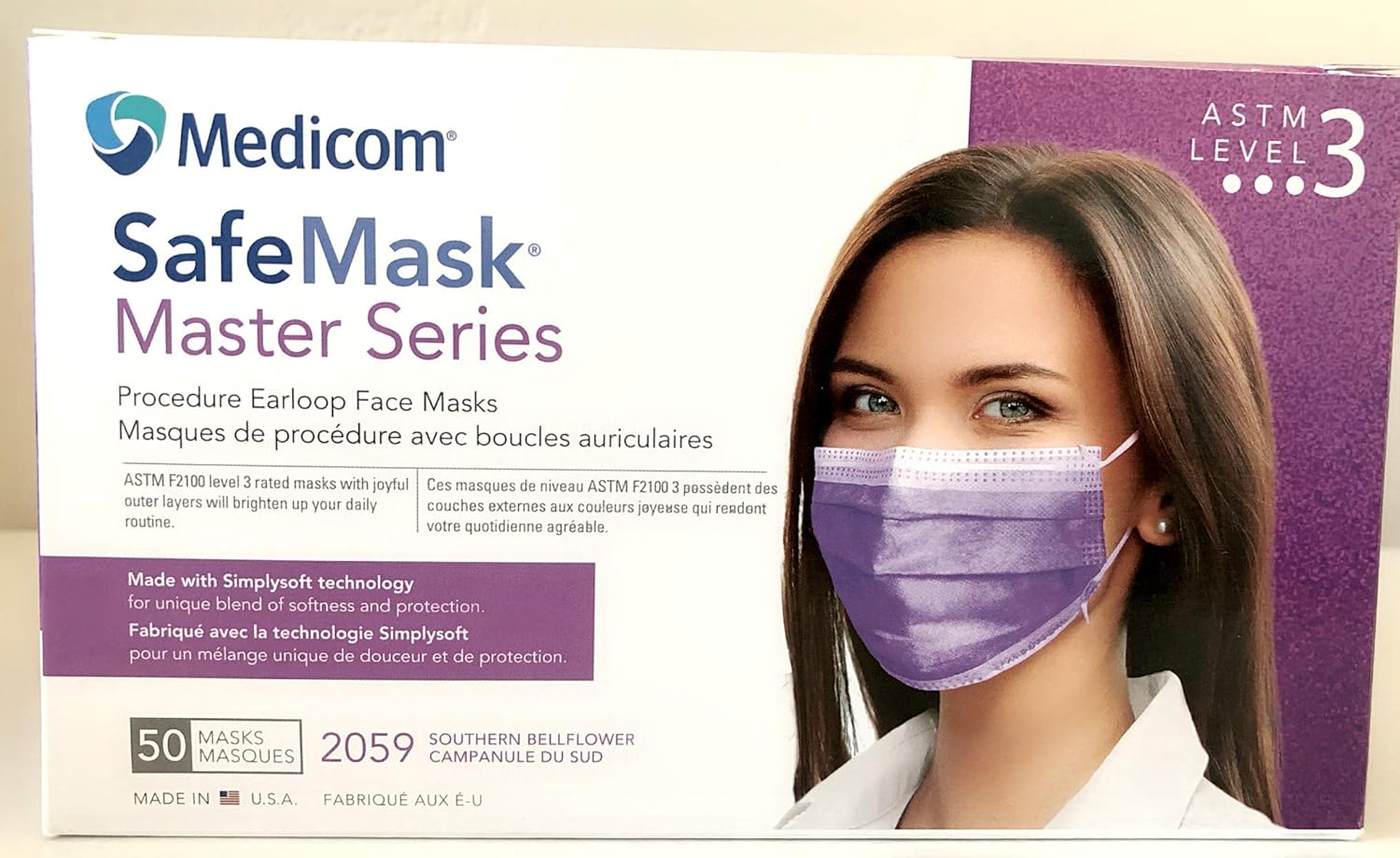 2083 Safe Mask SoftSkin Earloop Masks, Lavender (Pack of 50