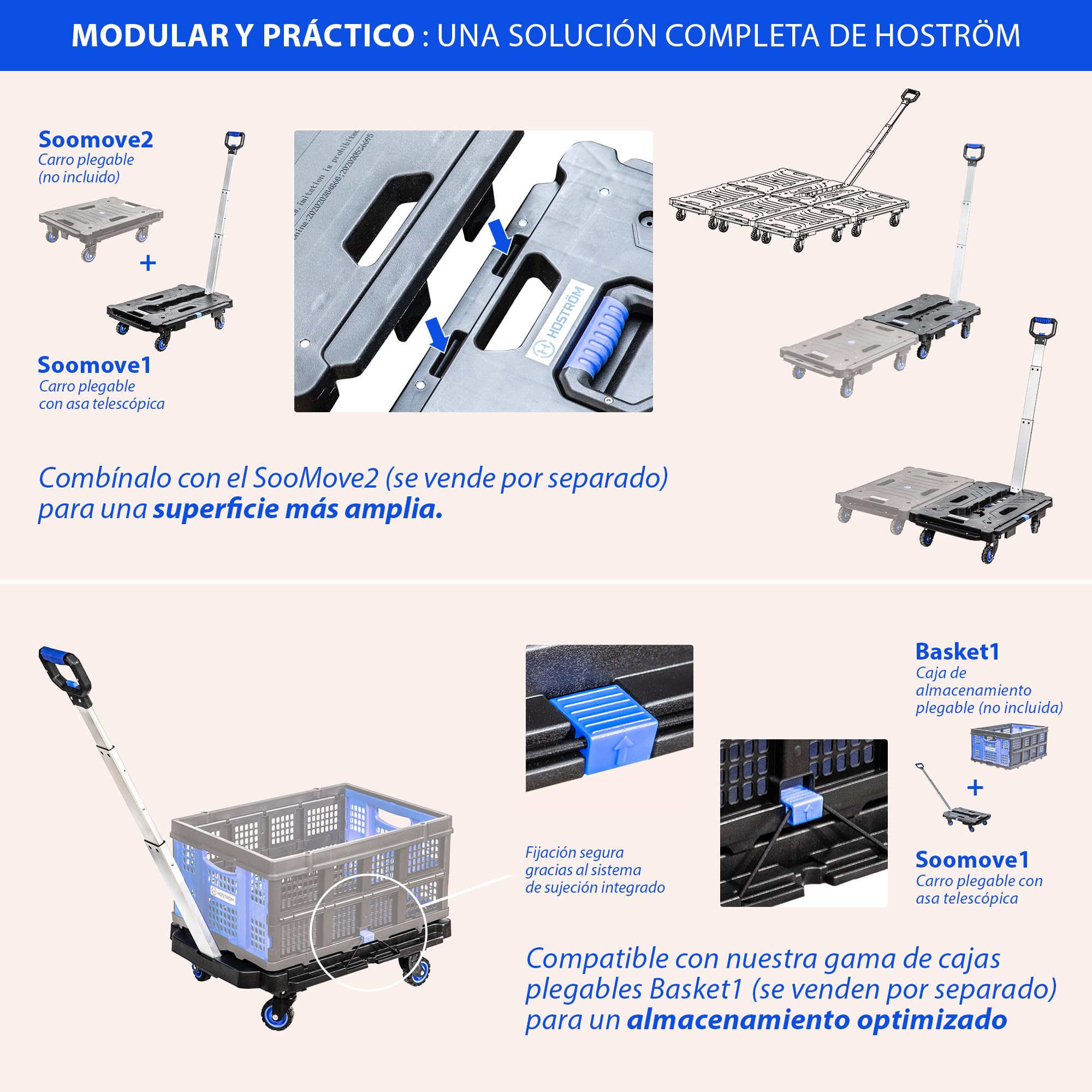 HOSTRÖM Carro de Transporte Plegable, Plataforma con Ruedas para Mudanzas, Carrito de Carga con Asa Telescópica, Carga Máx. 137 kg, Garantía de 5 Años