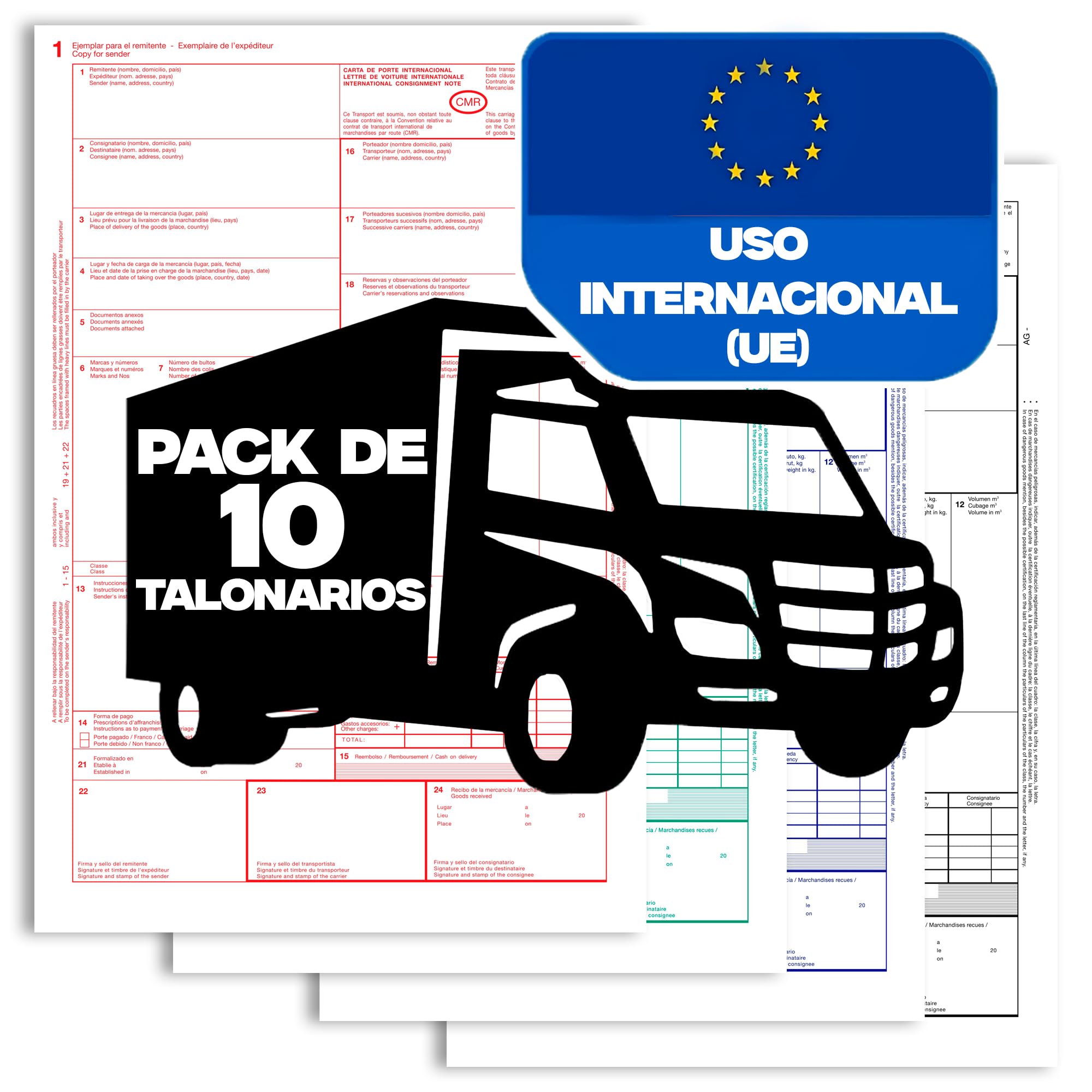Pack 10 Talonarios CMR Autocopiativos - Transporte Internacional - 4 Copias Numeradas - 25 Juegos Numerados - Cumple con Normativa CMR Internacional (10)