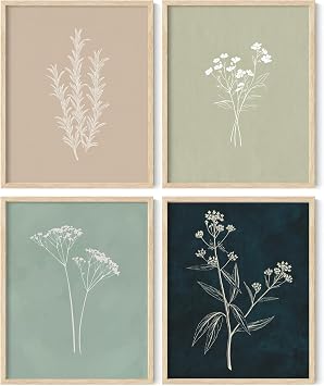 PACKLIST Set of 4 Sage Green Botanical Wall Art Prints - 8x10 Unframed Boho Floral Posters - Minimalist Plant Line Art Illustrations - 250GSM Premium Paper Living Room Decor