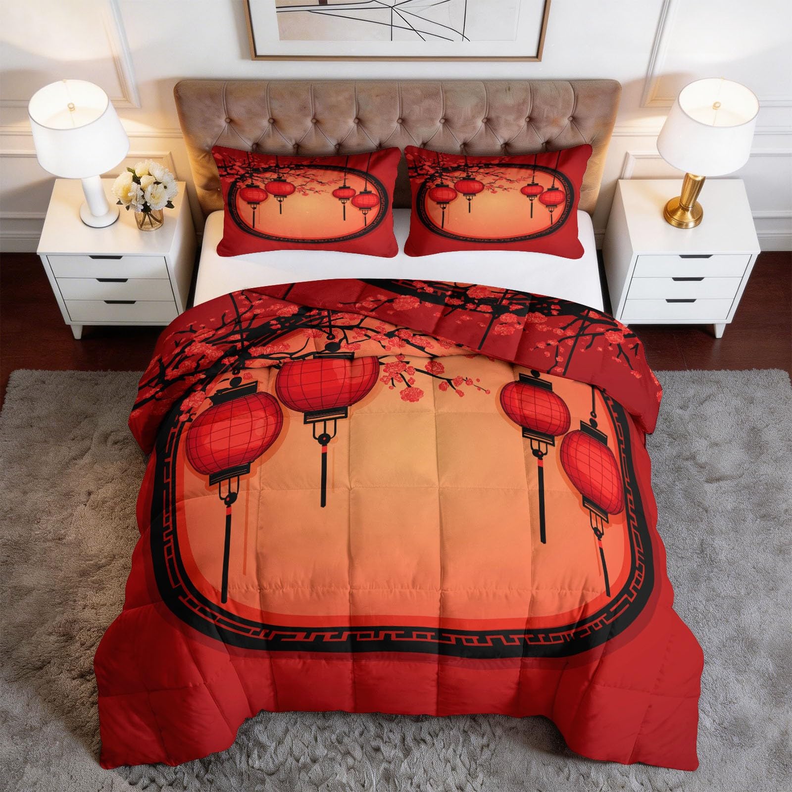 CozyRest Piumone Rosso per tutte le stagioni, 4 stagioni motivo Lanterna cinese - per chi soffre di allergie microfibra- 260x240 cm con 2 federa 50 x 80 cm