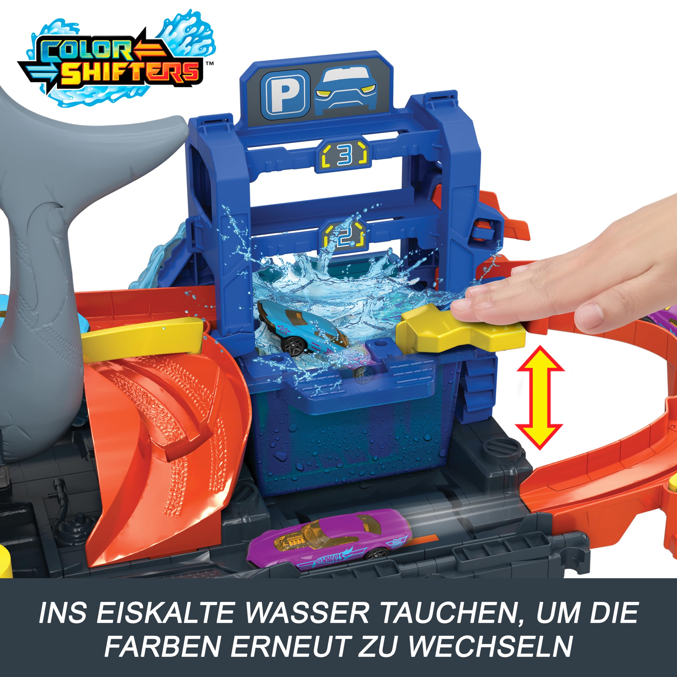 Hot Wheels Let's Race Netflix City Spielzeugauto-Trackset, Ultimative Hai-Autowaschanlage mit Spielzeugauto 1:64, Farbwechselfunktion, HTN82