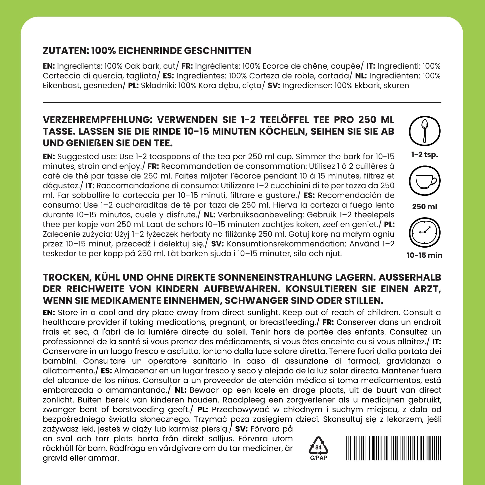 Alpi Nature Herbata z Kory Dębu 125g, Suszona i Cięta Kora Dębu do Przygotowania Herbaty i Naparów