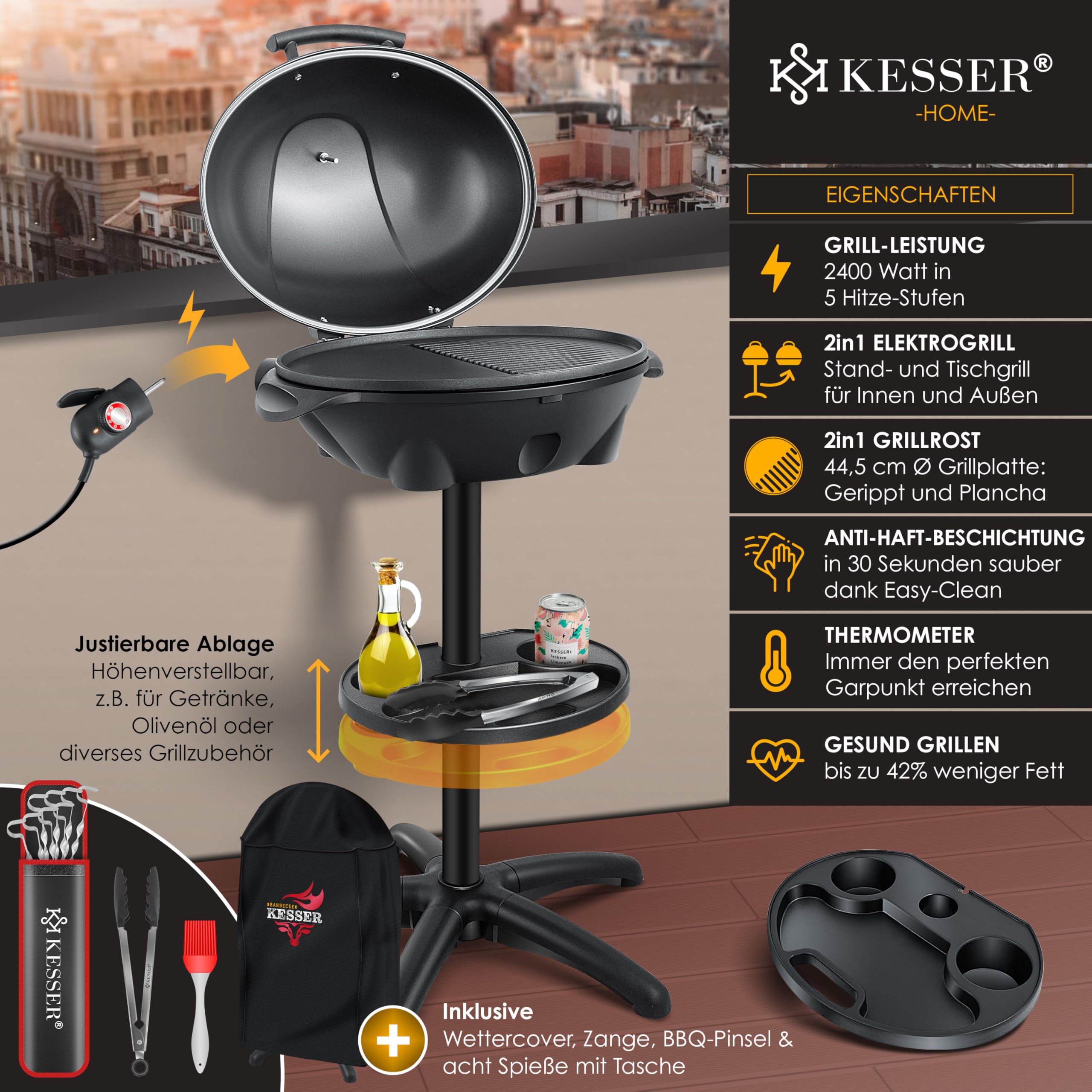 KESSER® Barbecue électrique 2 en 1, sur pied, couvercle, thermomètre, 2400 W, revêtement antiadhésif, plaque de cuisson XXL, rangement intégré