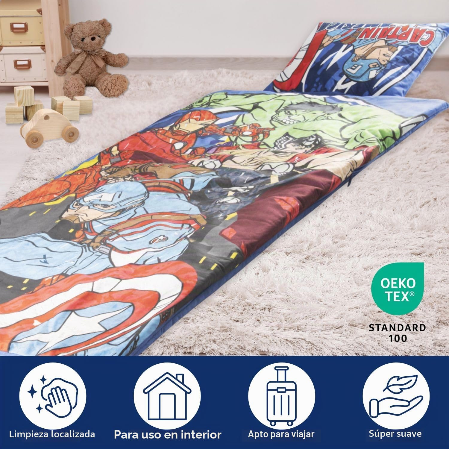 Set de 2 con Almohada y Manta de Los Vengadores Marvel, Saco de Dormir Infantil con Bolsa y Almohada, para Fiestas de Pijamas, Viajes y acampadas