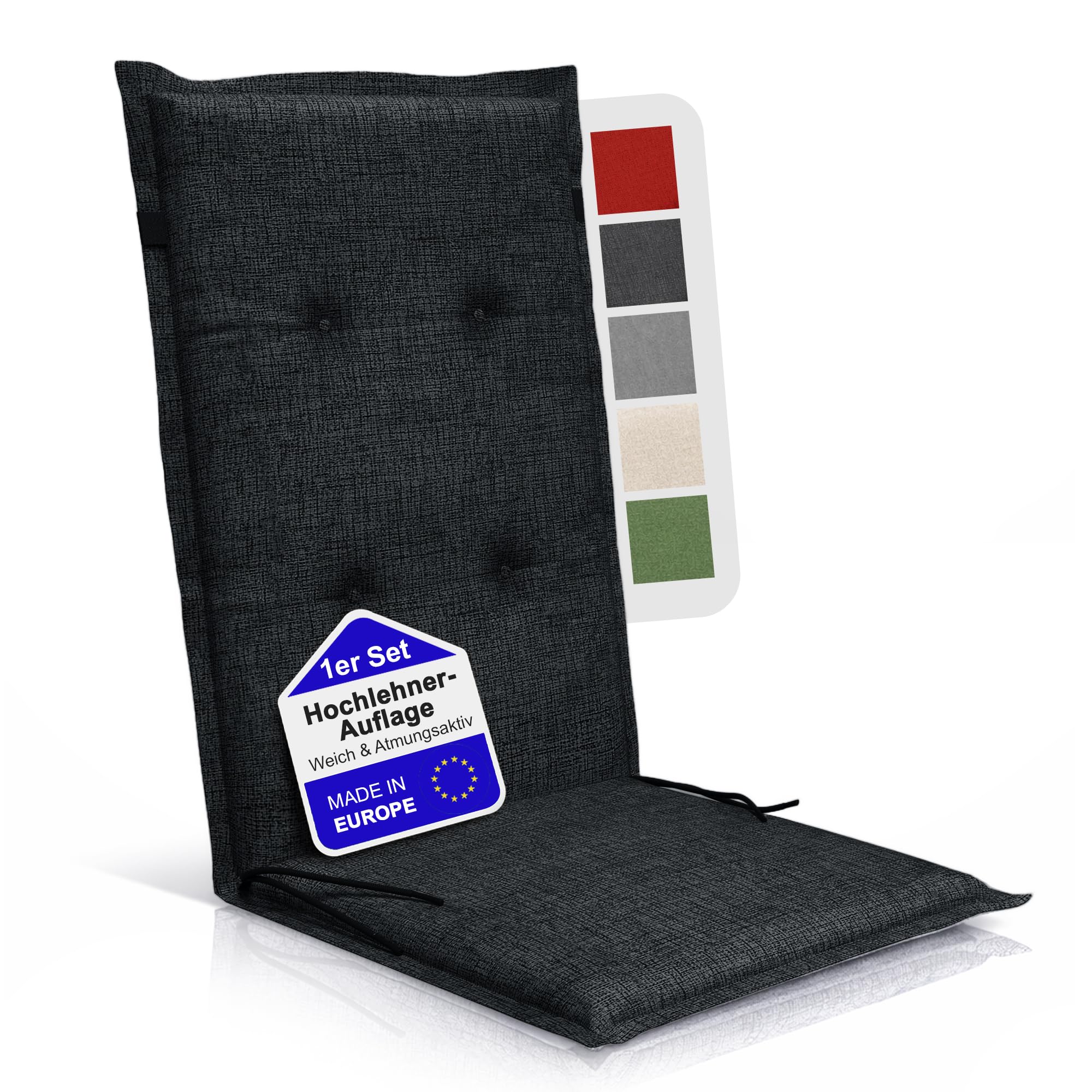 Relexo Premium - Hochlehner Auflage Gartenstuhl Stuhlauflage mit Polster, Outdoor Sitzkissen & Stuhlkissen für Gartenmöbel Auflage wetterfest, Sitzkissen bequem (Anthrazit, 4er Set)