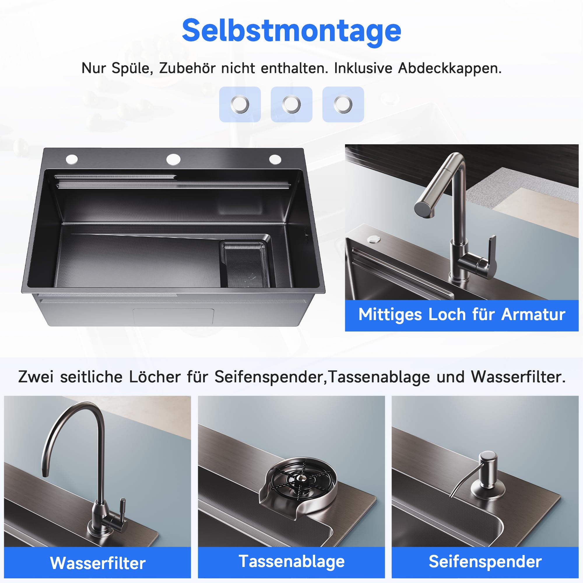 SONNI Spülbecken, Küchenspüle, 70x45cm 304SUS Edelstahl Spüle,1 Becken Einbauspüle mit Abtropfkorb, Rechteckiges Abfallsieb & Ablaufgarnitur, 3 Vorgebohrte Löcher, Breite Seite, Schwarz.