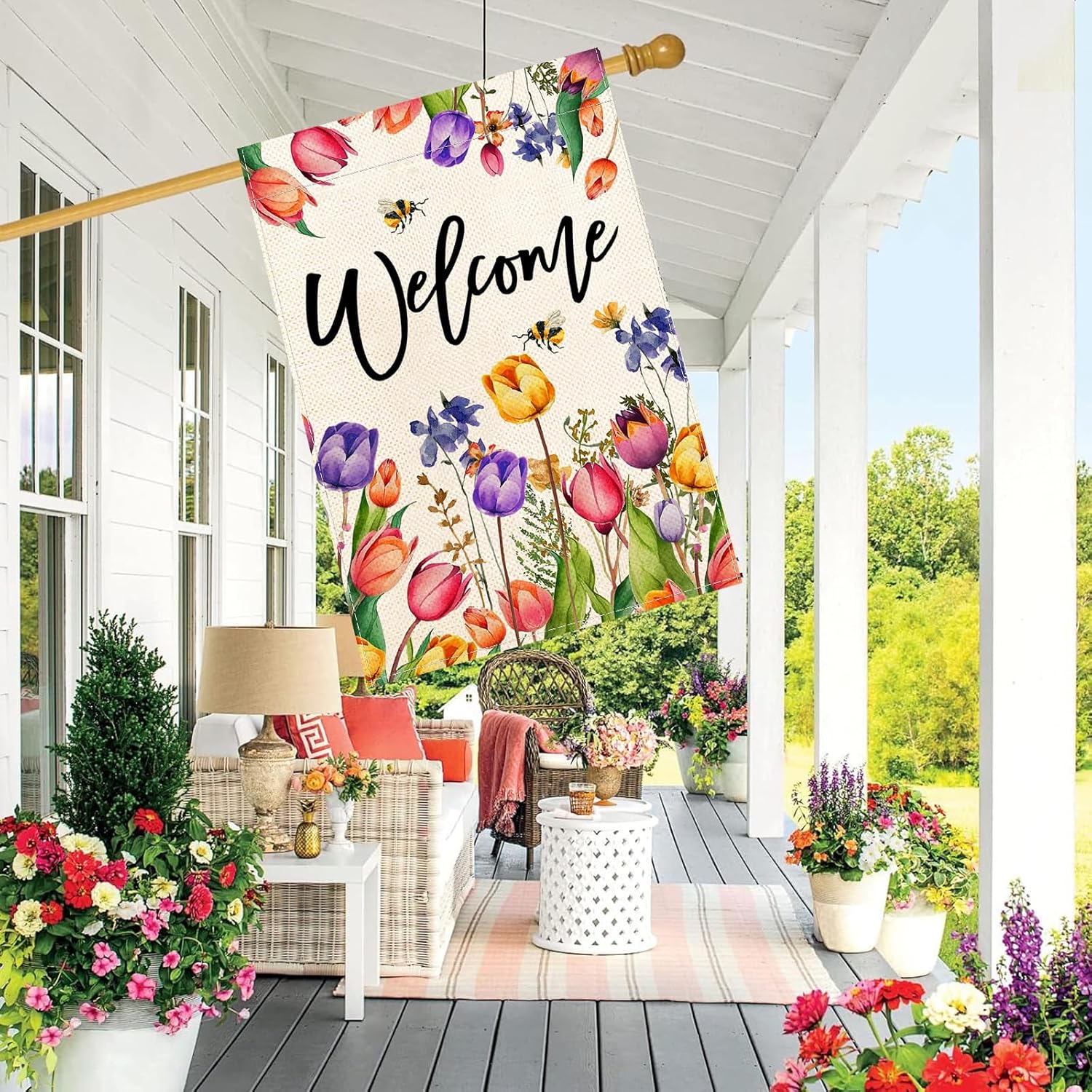 Baccessor Spring Summer Easter Tulip Welcome House Flag Double Sided Bee Colorful Floral Burlap Yard House Seasonal Farmhouse Outside Outdoor Decoration 28 x 40 Inch(large) - Image 2