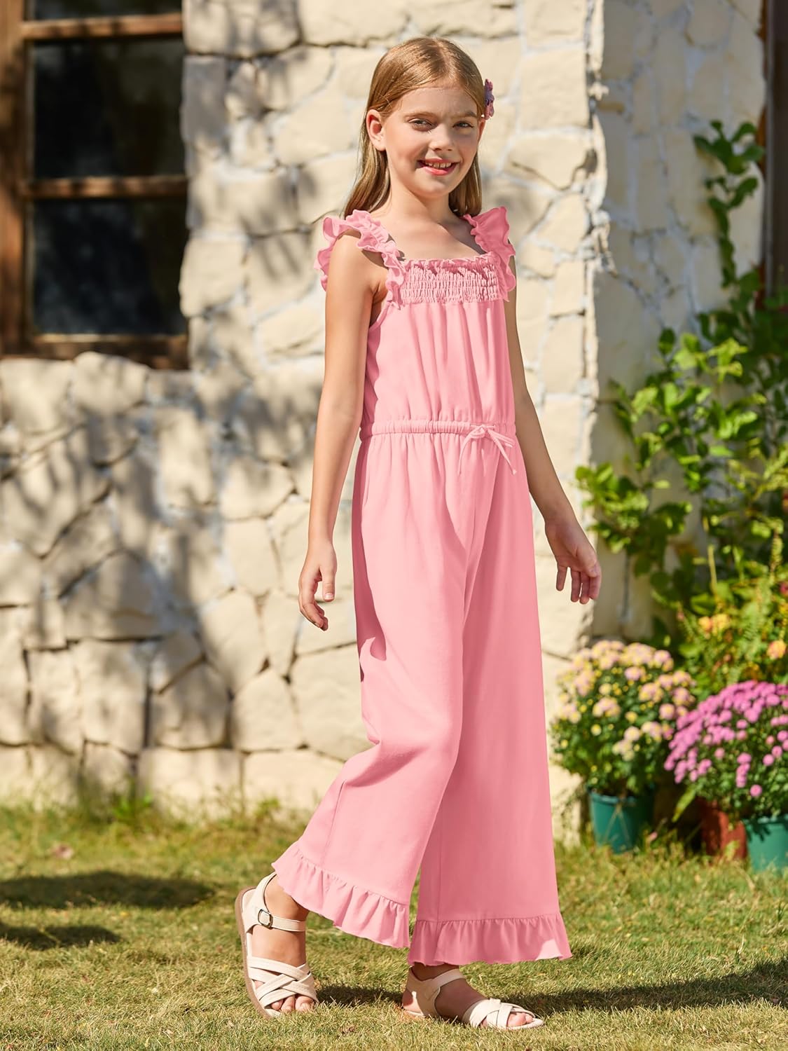 Yousify Girls Jumpsuit Kids Fashion Ruffle Sleeve Belted Wide Leg Romper One Piece Summer Outfits with Pockets 5-14 Years - Image 5