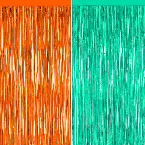 Telón de fondo de flecos verde azulado y naranja, paquete de 2 unidades, cortinas con flecos, decoraciones de fiesta, serpentina de fiesta,