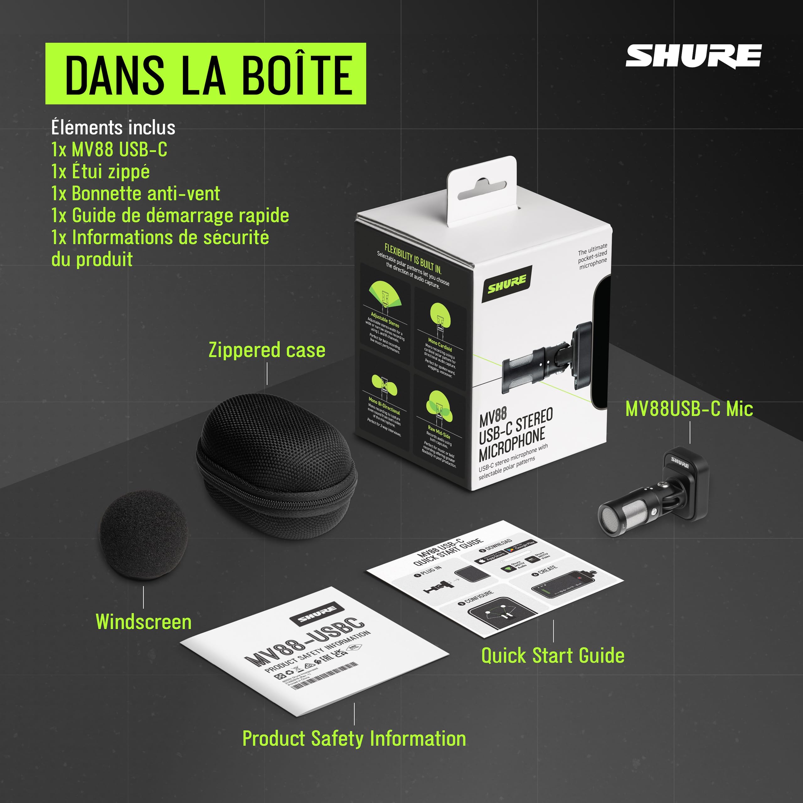 Shure MV88 USB-C Micro, pour iPhone et Android, Microphone d’Enregistrement et Vlogging avec Niveau Automatique, Réduction de Bruit en Temps Réel, 4 Directivités – Noir