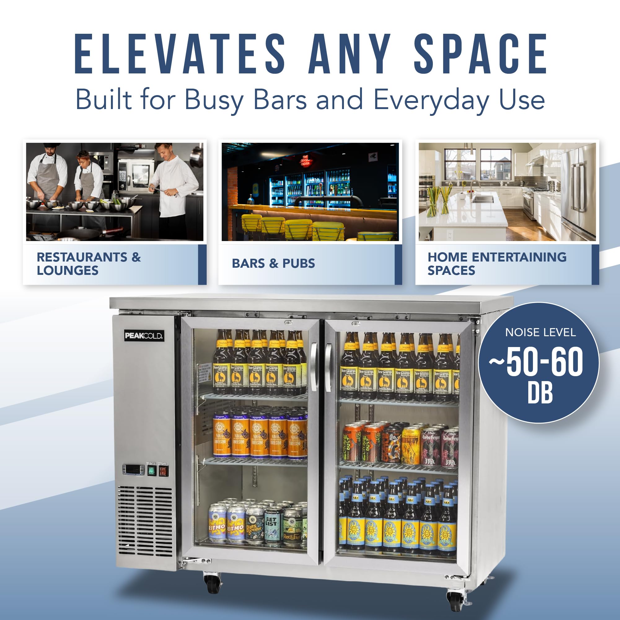 Peakcold 2-Door Counter Height Beverage Refrigerator - 49" Wide Energy Efficient Stainless Steel Beer Fridge With Glass Doors & White LED Lighting - Commercial Back Bar Cooler on Fridge.com - View 5