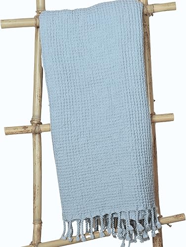 Miniatura 4 de PÜSKÜL - Toallas turcas de playa de algodón ultra suave con tejido de gofre, 67 x 33 pulgadas, paquete de 2 unidades (azul claro, 2)