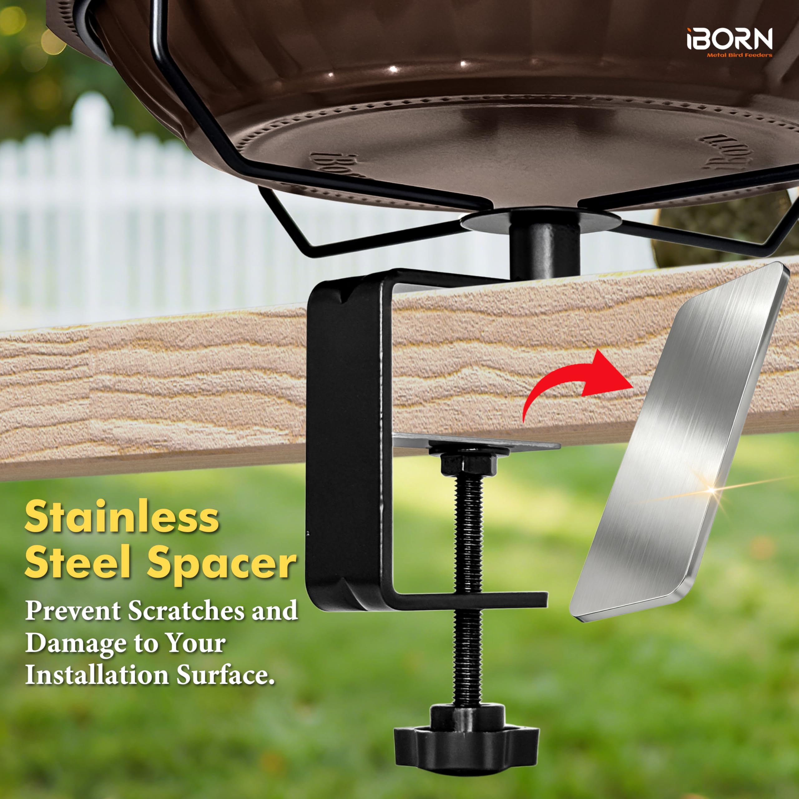 iBorn Metall-Vogelbad, 28 cm für Geländermontage, 8 cm Klemme, vollmetallische rostfreie Schale, eichhörnchensicher, komplett abnehmbar, leicht zu reinigen & befüllen, Bronze, 1 Pack