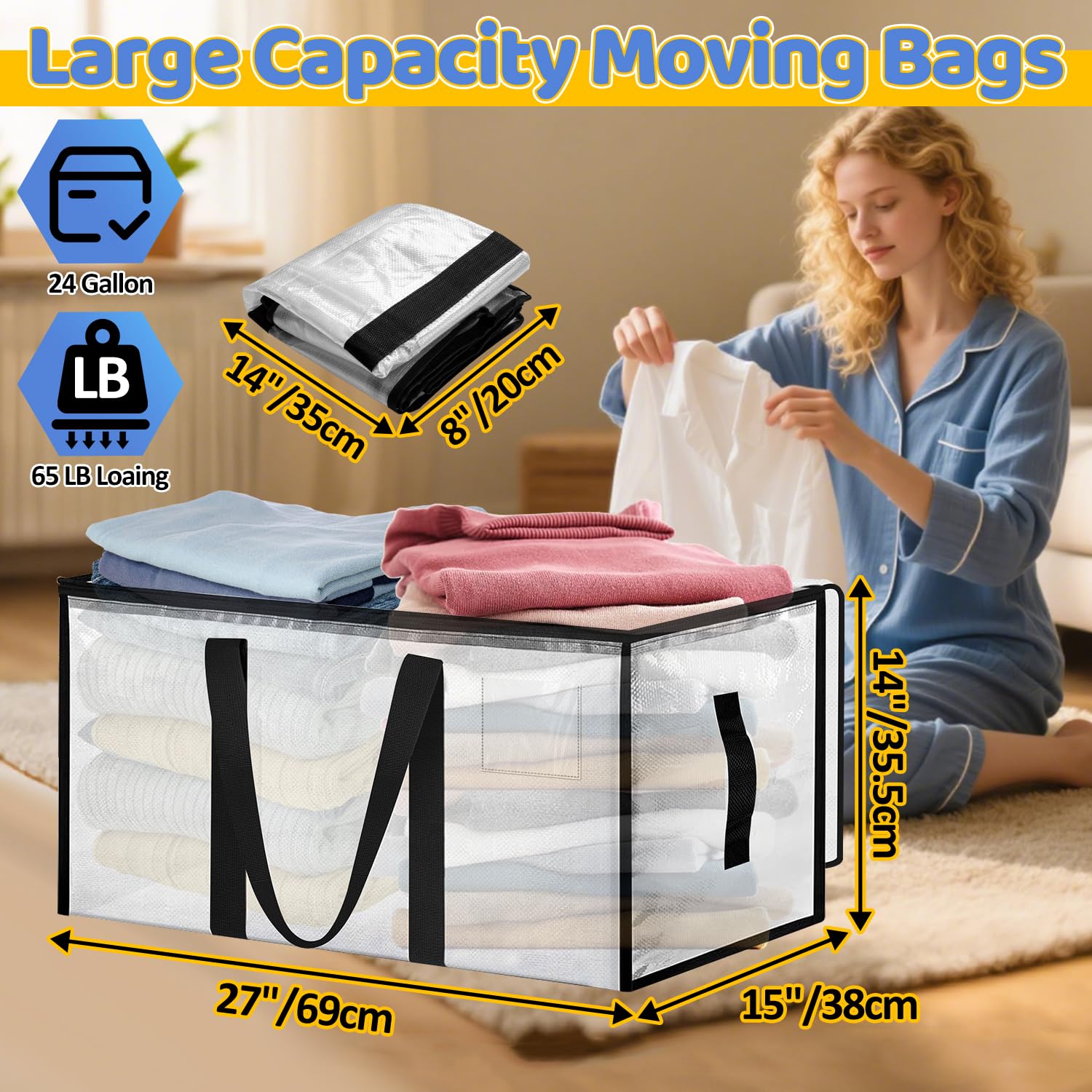Borsa portaoggetti 4 pezzi Borse per traslochi, 88L Borsa portaoggetti grande trasparente, portaoggetti per vestiti con cerniera e maniglia per traslochi, campeggio, biancheria da letto, vestiti